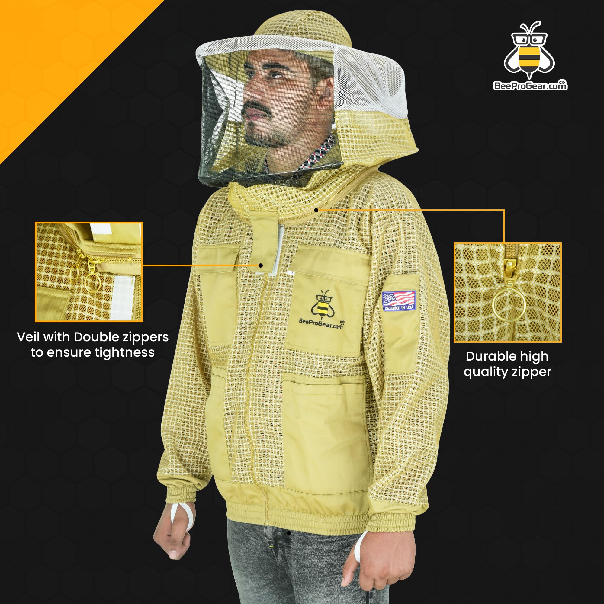 BeeProGear 3-Layer Ultra Mesh Beekeeping Jacket with Round Veil - Sting-Proof Leather Gloves & Storage Bag - Unisex Beekeeping Suit for Men & Women (Brown, 4XL) - Ideal for Honey Harvesting, Hive Inspection & Apiary Protection