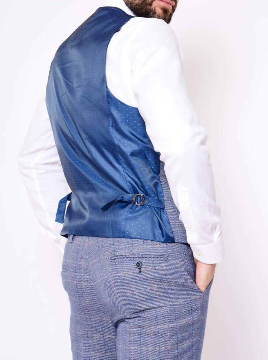 Marc Darcy Hilton Blue Tweed Check Double Breasted Waistcoat for Men - Elegant Formal Vest for Weddings, Business & Special Occasions