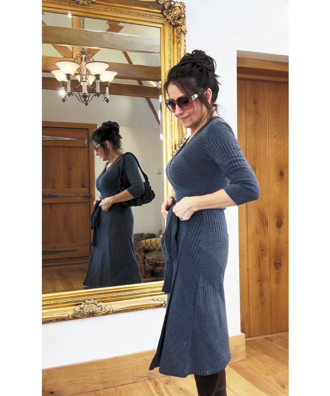 Blue Banana Women's Ribbed Knit Wrap Dress - 3/4 Sleeve Knee-Length Stretch Dress for Casual Wear, Office & Date Night | Summer & Fall Fashion