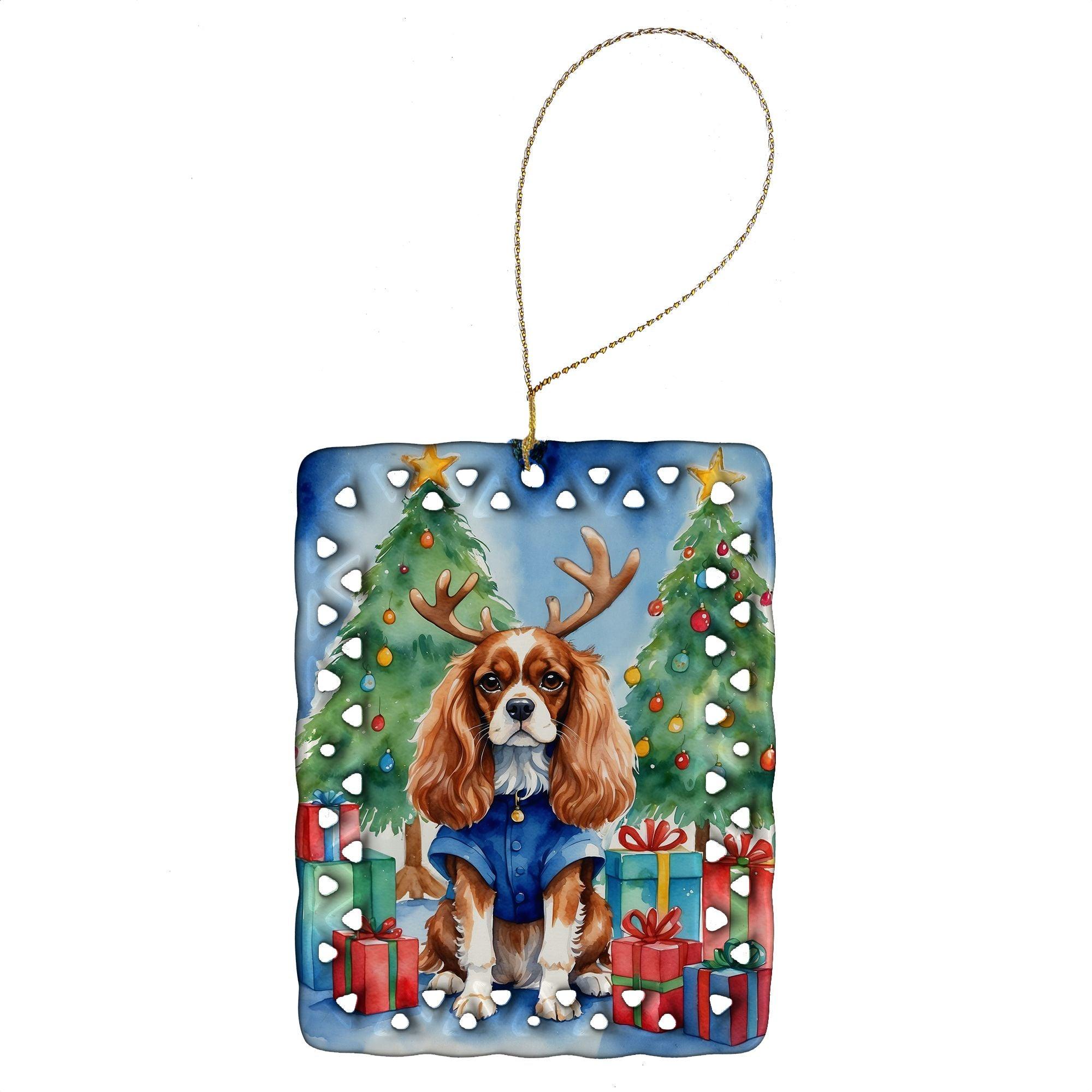 Cavalier Spaniel Christmas Reindeer Porcelain Ornament - Handmade Holiday Tree Decor for Home, Festive Gift for Dog Lovers (Rectangle, Multicolor) | Perfect for Christmas Tree Decorating, Holiday Party Favors & Pet Lover Gifts