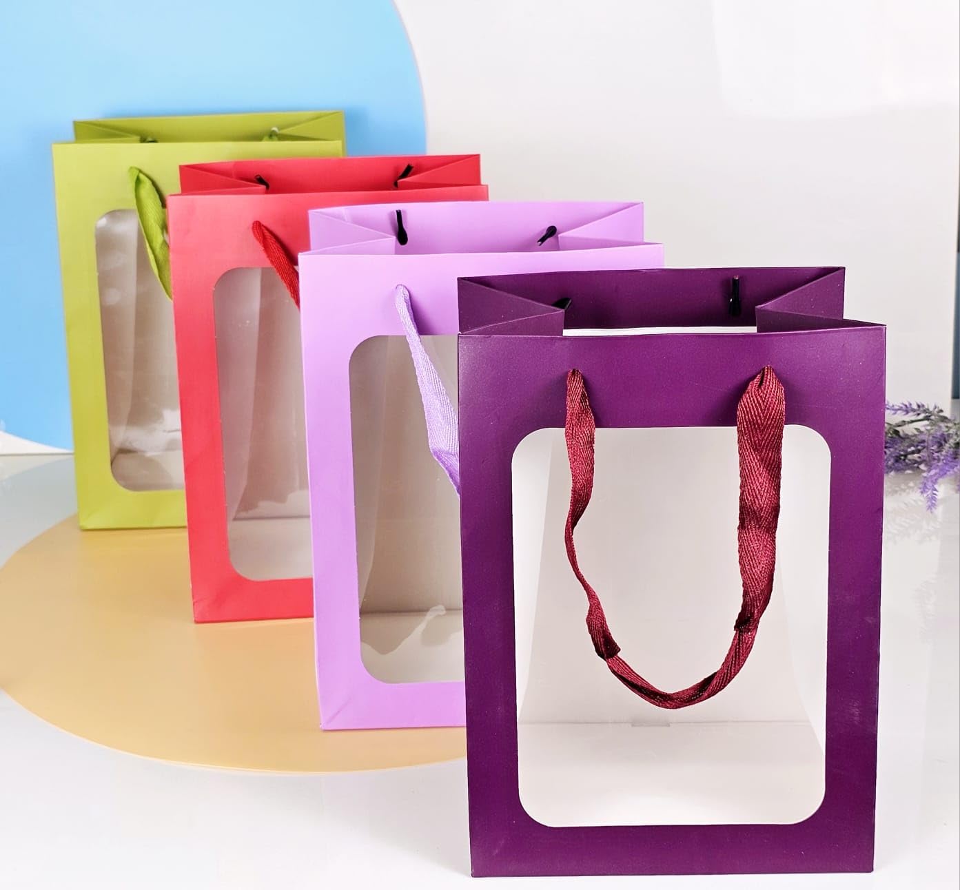 4 Pack SATYAM KRAFT Clear Window Gift Bags with Handles - Reusable Shopping Bags for Valentine's Day, Birthday, Wedding, Christmas & Party Favors - Perfect for Gifting, Events & Holiday Presents