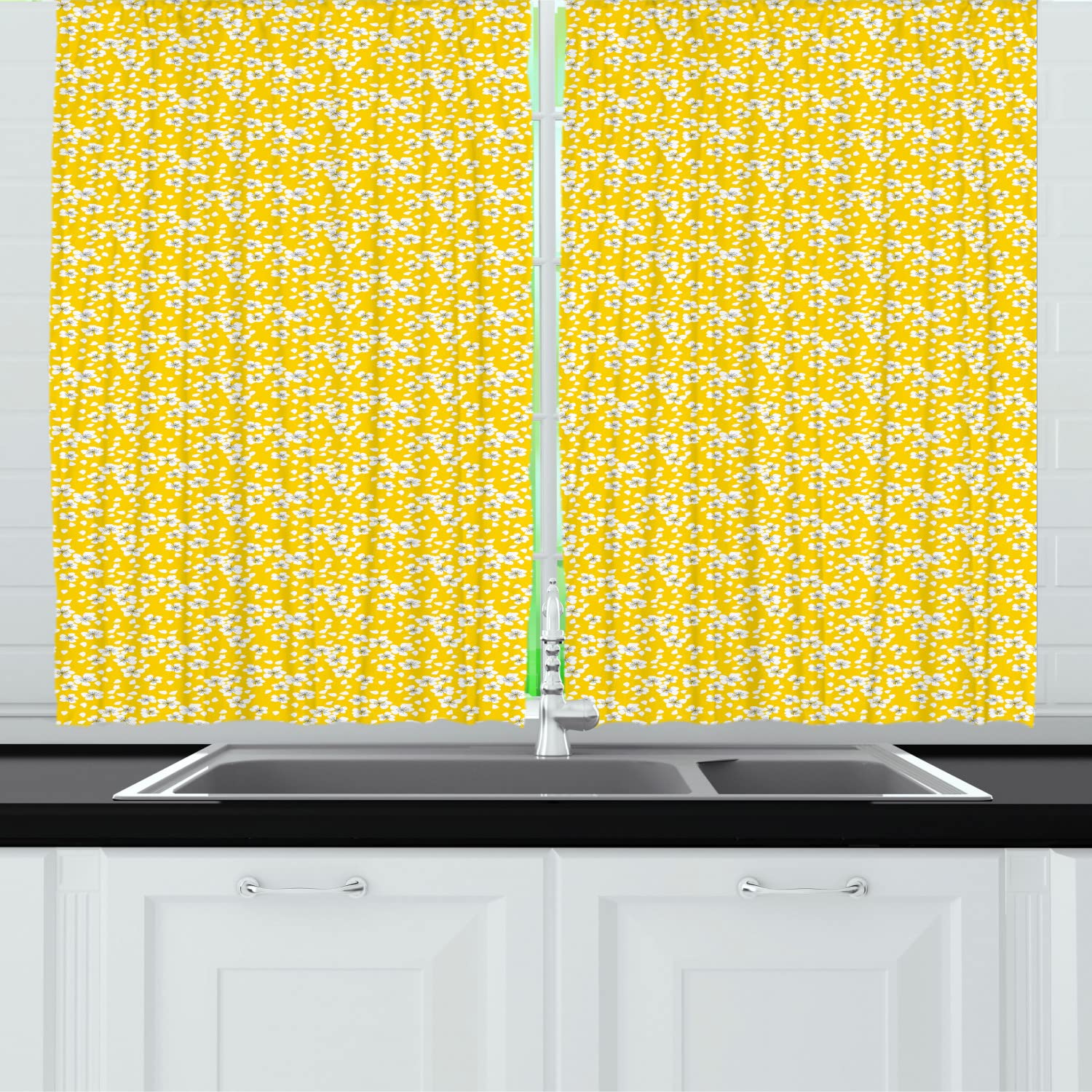 Ambesonne Cherry Blossom Long Kitchen Curtains - Floral Spring Design with Cherry Flowers & Floating Petals - 2 Panel Rod Pocket Drapes for Windows - 55
