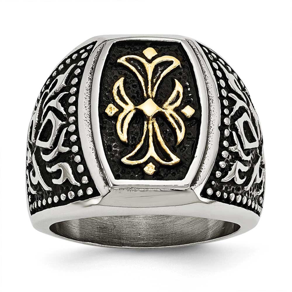 Antiqued Stainless Steel Gold Plated Cross Ring for Men & Women - Religious Jewelry Gift for Baptism, Confirmation & Everyday Wear