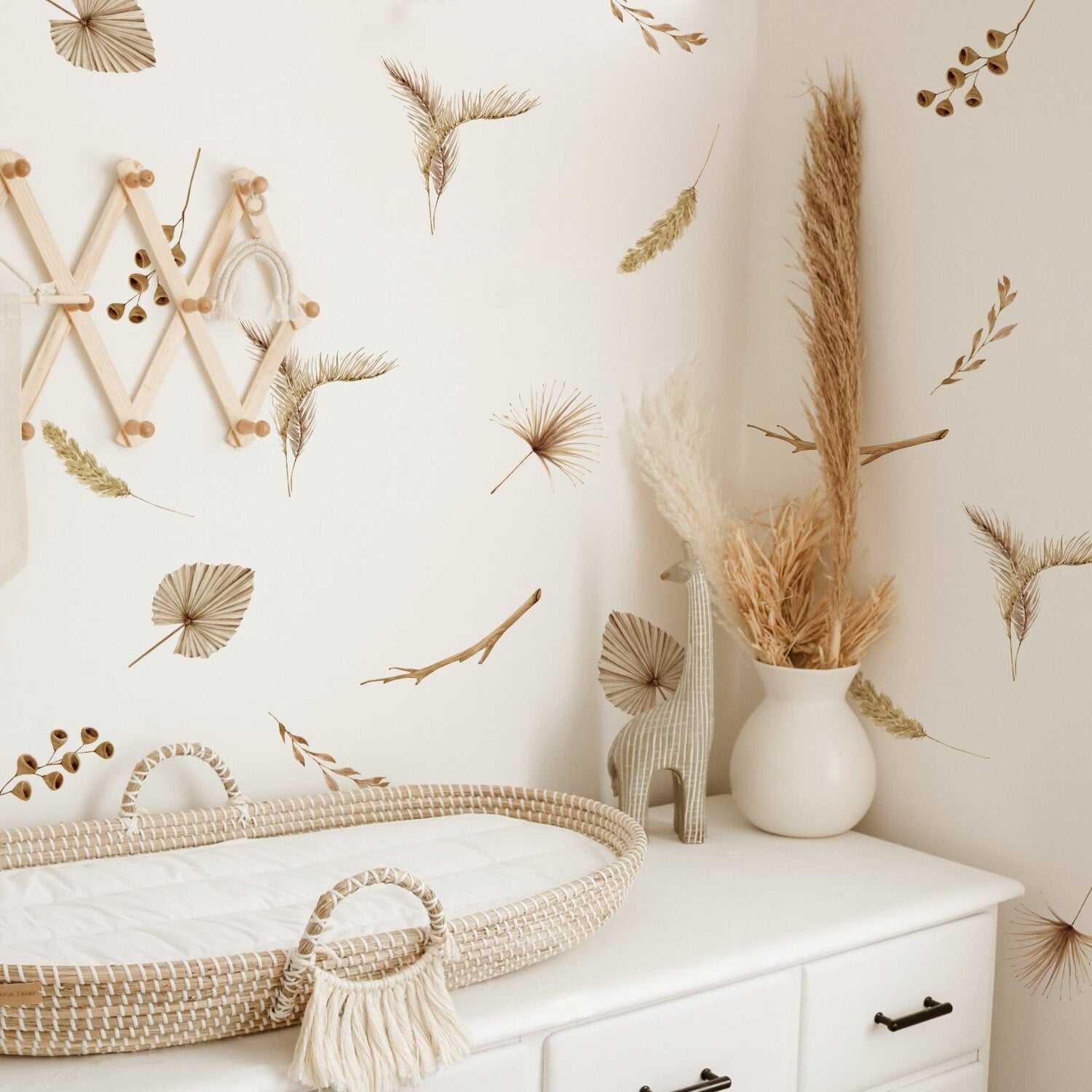 Boho Animal Wall Decals with Dry Floral Design - Peel and Stick Wall Stickers for Nursery, Kids Room & Home Decor (Set of 6)