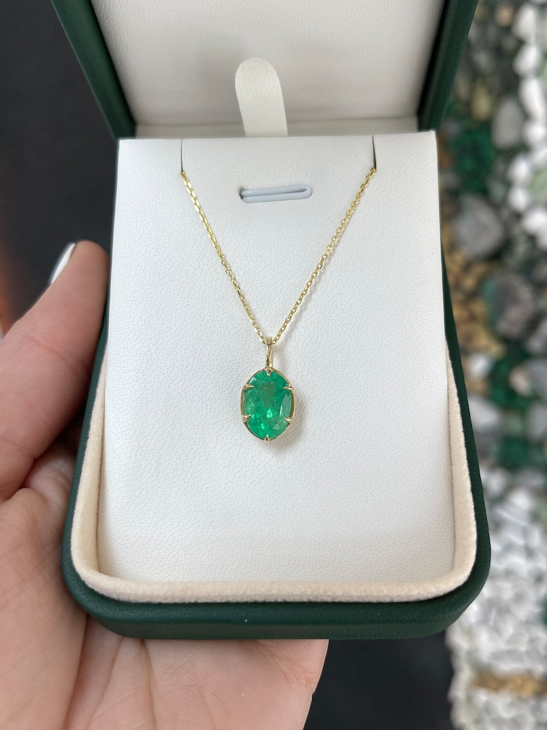 3.0 Carat Natural Green Emerald Solitaire Oval Pendant Necklace - 6 Prong Gold Setting for Women - Perfect for Weddings, Anniversaries & Special Occasions