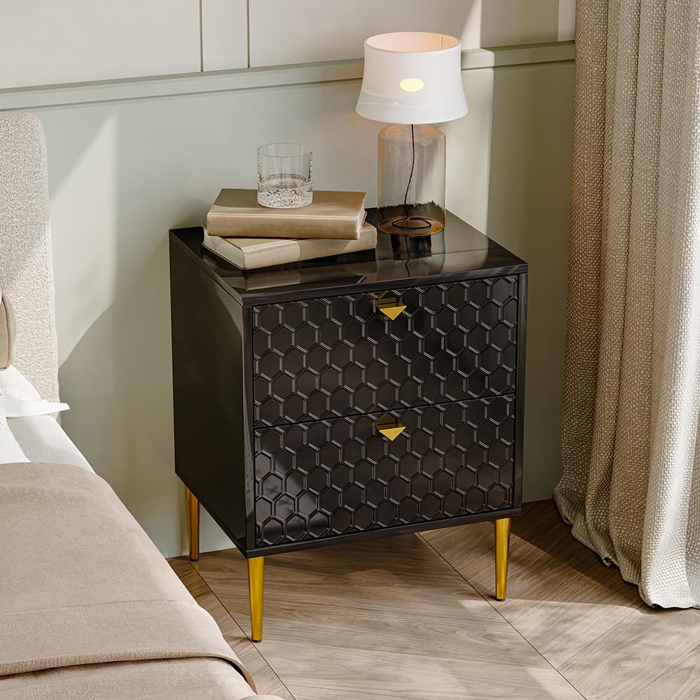 Modern Nightstand with 2 Drawers - Bedside Table with Brass Knobs for Bedroom & Living Room - Stylish Black End Table - Perfect for Storing Books, Lamps & Bedroom Essentials