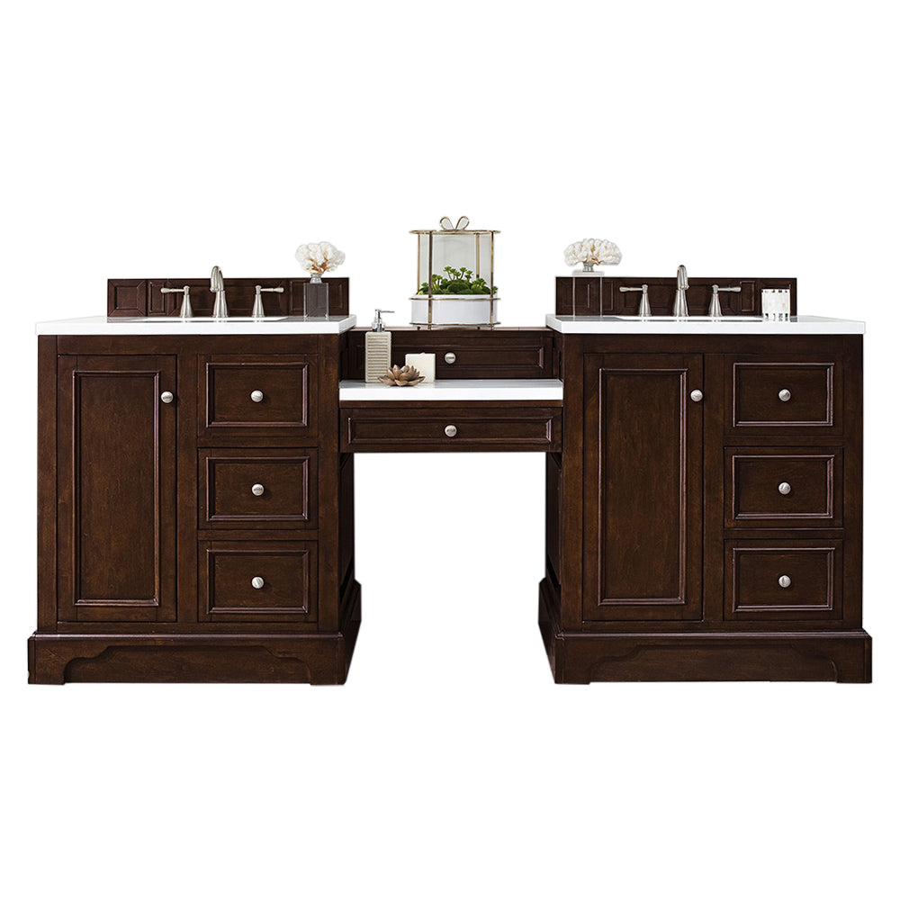 De Soto 82 Inch Double Vanity Set with Makeup Table - Burnished Mahogany Finish & 3CM Arctic Fall Solid Surface Top - Perfect for Master Bathroom Renovation & Luxury Home Decor