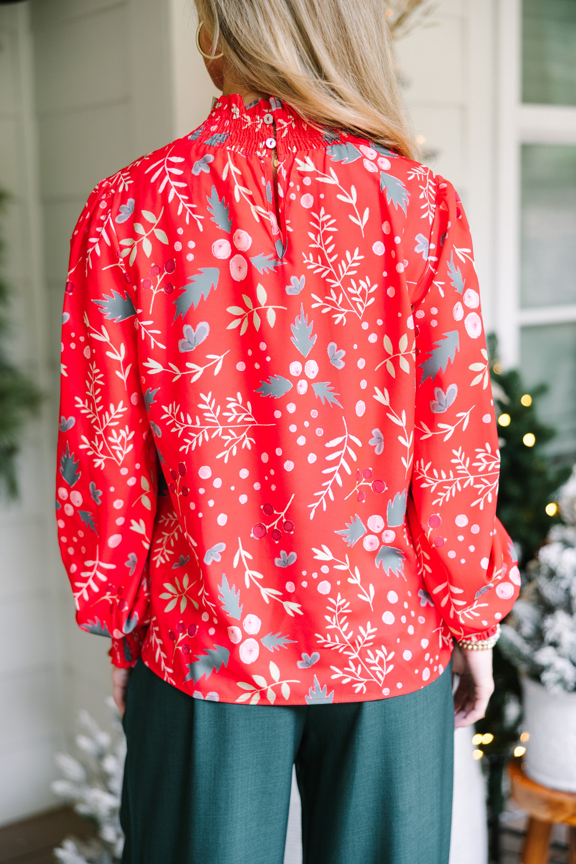 Stylish Red Holly Floral Blouse for Women - Elegant Holiday Party Top for Christmas, Office Wear & Special Occasions