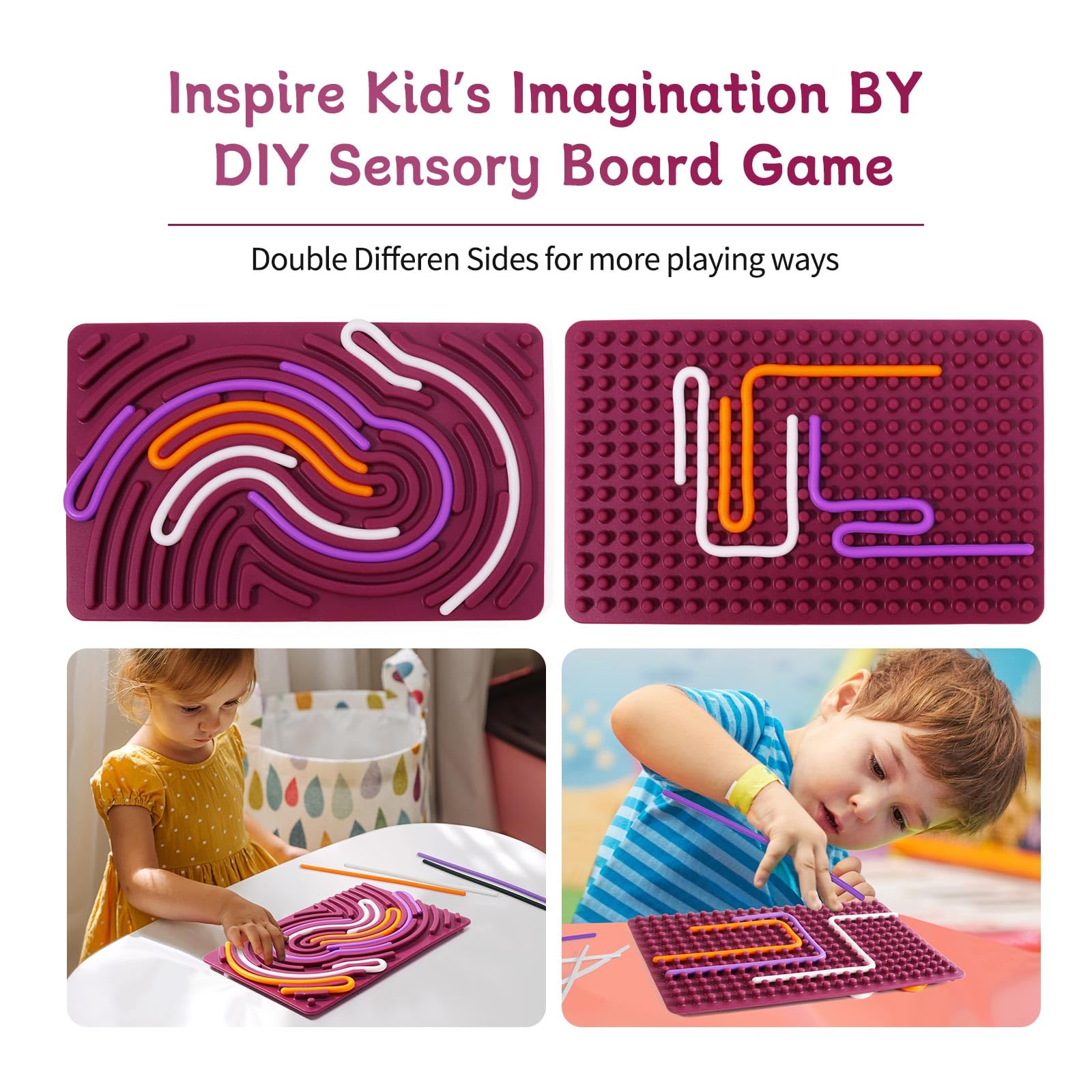 Double-Sided Silicone Sensory Fidget Board for Kids & Adults - Stress Relief, Anxiety, ADHD & Autism Therapy - Includes 20 Strings & Portable Storage Bag (Purple) - Perfect for Home, Office, Travel & Classroom Use