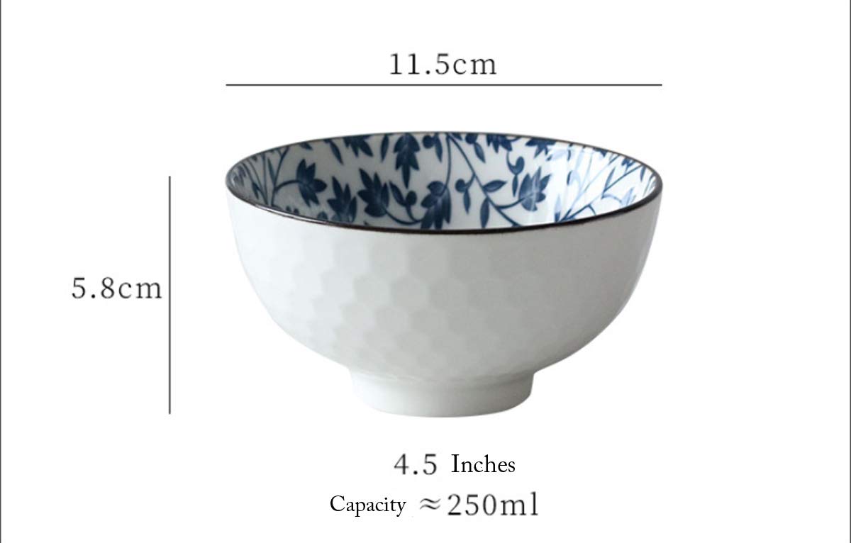 Japanese Style Ceramic Rice Bowl Set of 4 - Traditional Blue and White Underglazed Dinnerware for Dessert, Snack, Cereal & Soup - Perfect for Asian Cuisine, Home Dining & Gift Giving