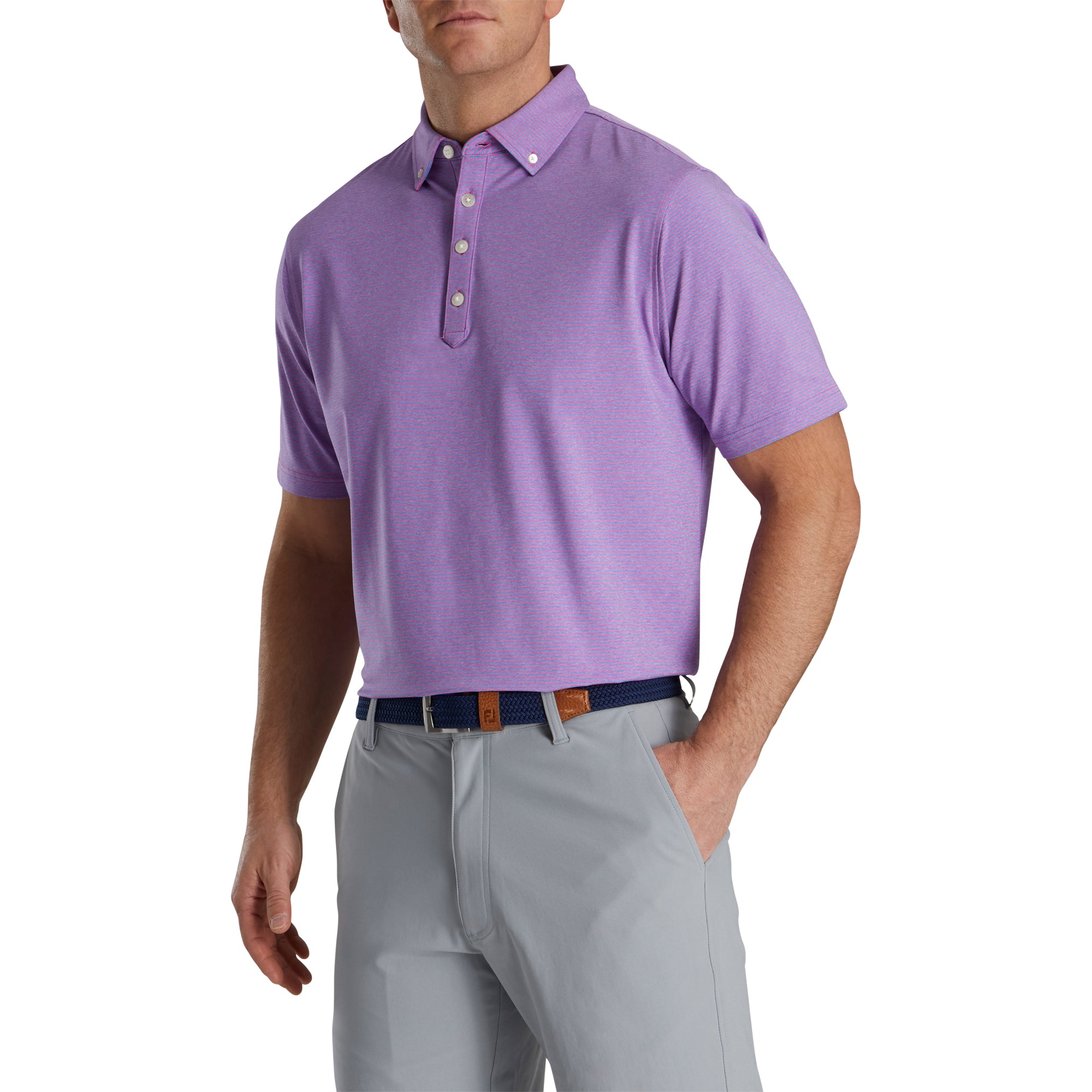 FootJoy Men's Feeder Stripe Lisle Heather Pink Golf Polo Shirt - Breathable, Moisture-Wicking Performance Top for Golf & Casual Wear