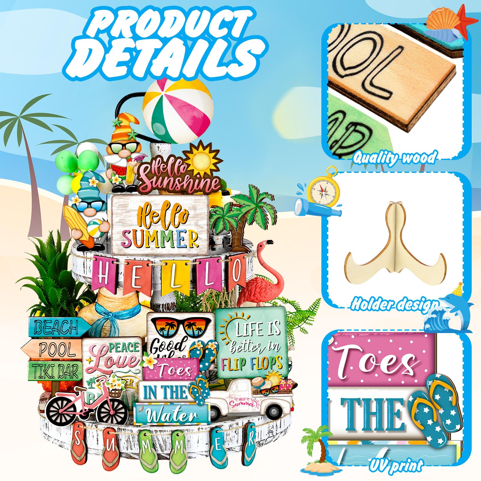 26-Piece Tiered Tray Decor Set - Coastal Beach & Farmhouse Style Wooden Signs with 