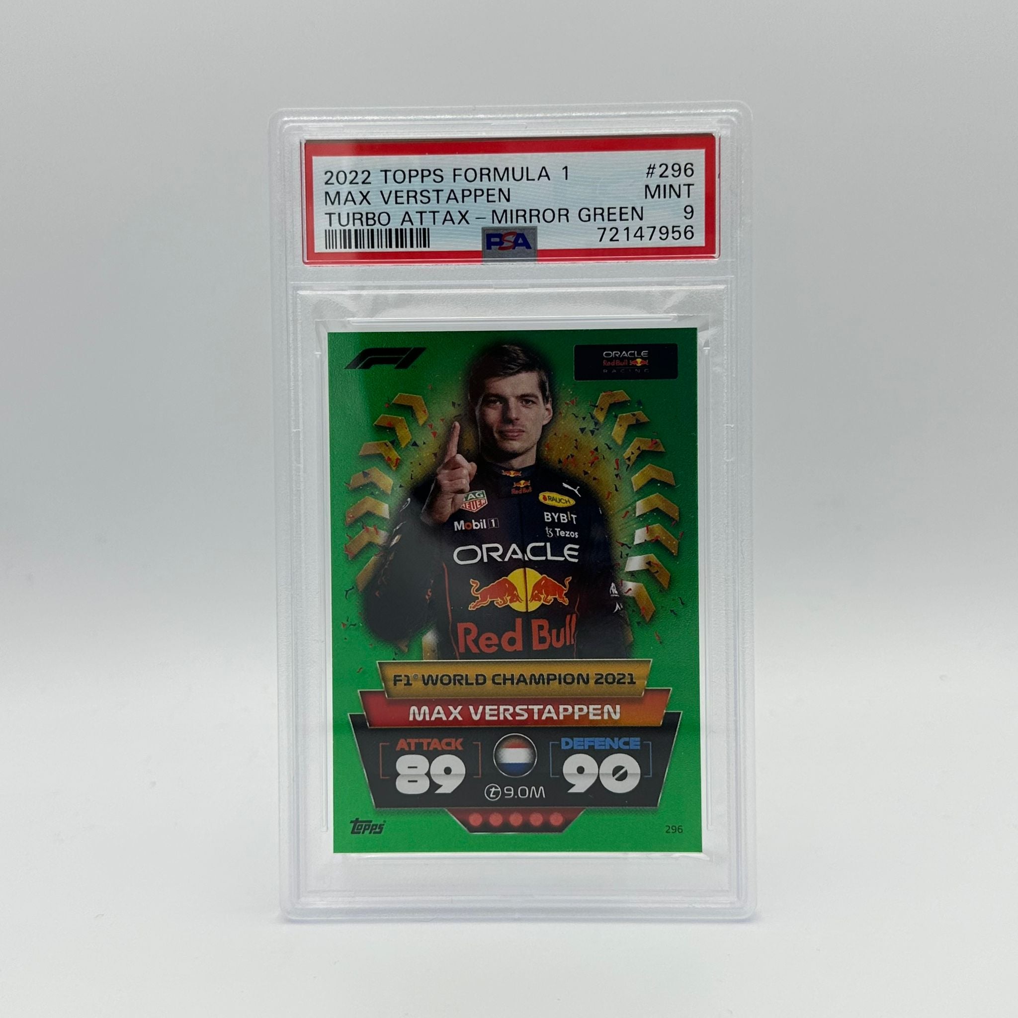 PSA 9 Graded 118/500 Max Verstappen #296 F1 World Champion 2021 Green Mirror Parallel - Rare Collectible Trading Card for F1 Fans & Sports Memorabilia Enthusiasts