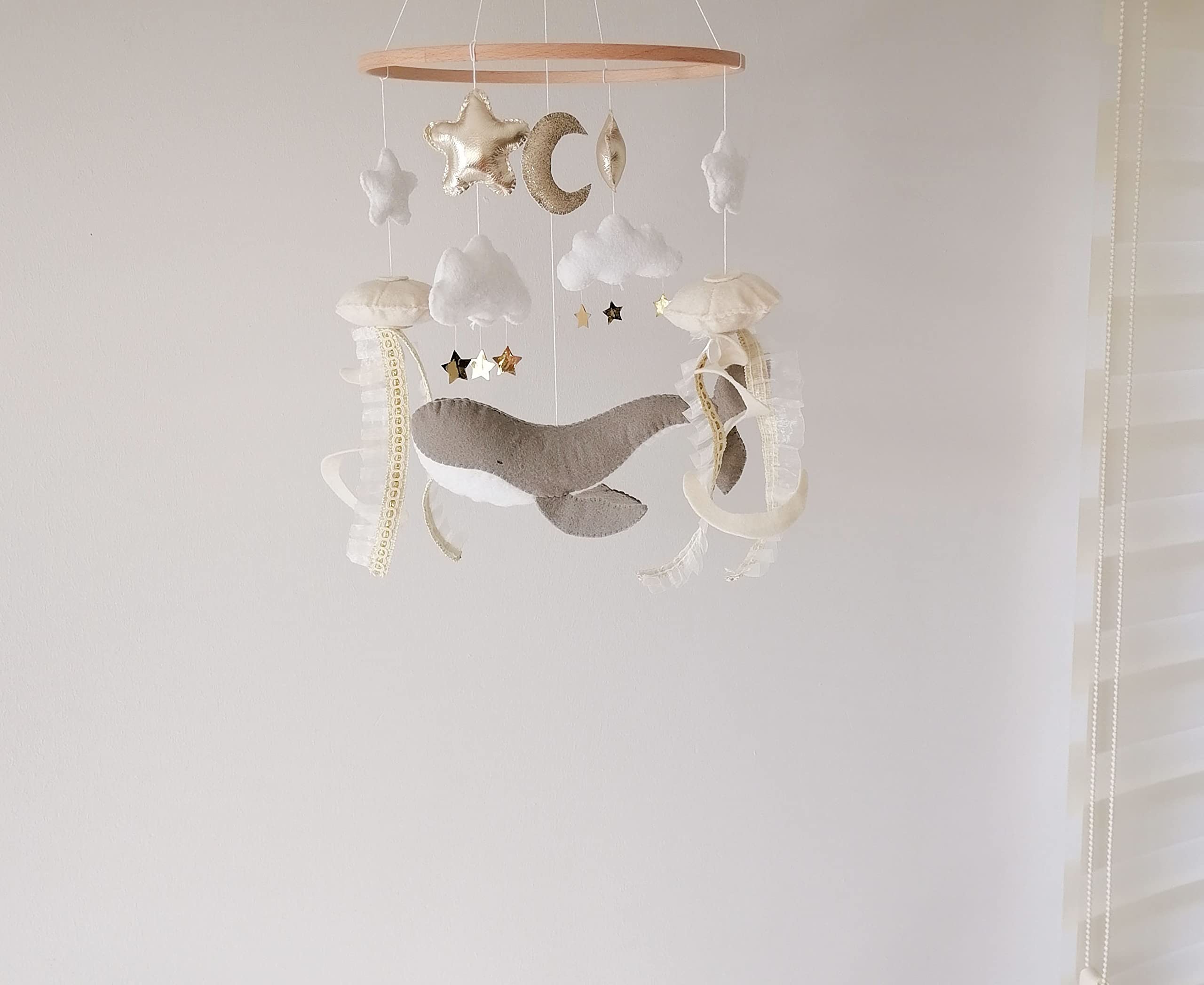 Whale Baby Mobile - Ocean Themed Crib Mobile with Jellyfish, Gold Star & Moon - Under The Sea Felt Animals for Neutral Nursery - Perfect Baby Shower Gift for Newborns & Toddlers - Ideal for Bedroom Decor & Sensory Development