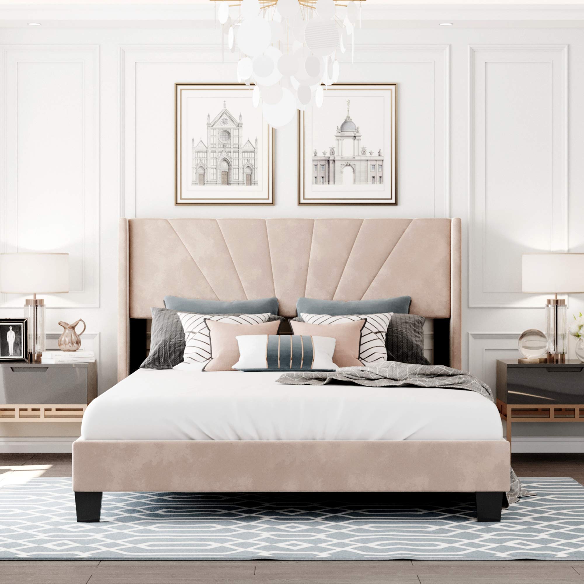 Queen Size Upholstered Platform Bed Frame with Wingback Headboard - Elegant Bedroom Furniture for Master Suite or Guest Room