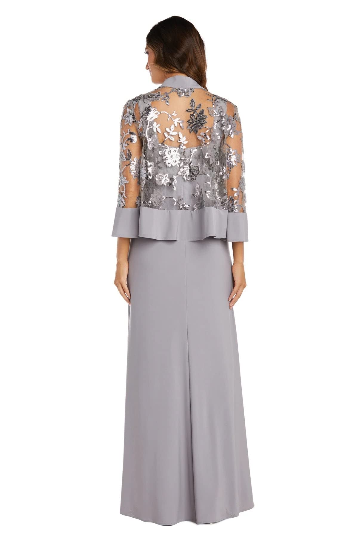 RM Richards Plus Size Women's 2-Piece Sequin Lace Jacket & Long Dress Set - Size 14W in Granite | Elegant Evening Wear for Parties, Weddings & Special Occasions