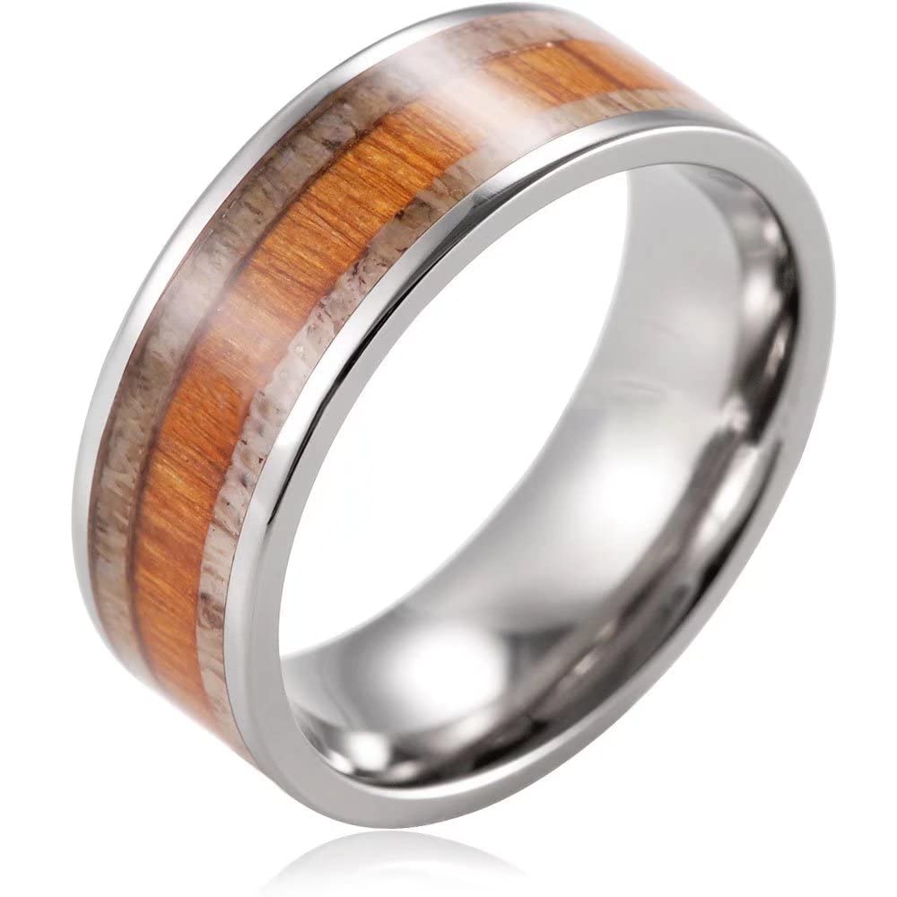 8MM Silver Tungsten Carbide Wedding Ring with Deer Antler & Koa Wood Inlay - Comfort Fit Size 8-13 for Men & Women - Perfect for Engagement, Anniversary, and Everyday Wear