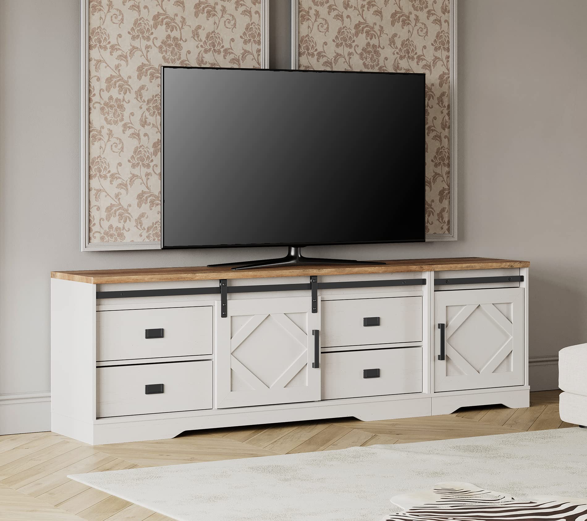 WAMPAT Modern Farmhouse 2-in-1 TV Stand for 85 Inch TVs - Wood Entertainment Center with Storage Drawers & Adjustable Shelves - Antique White Finish - Perfect for Living Room, Bedroom or Home Theater Setup