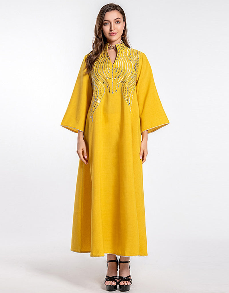 Elegant Long Arabic Dress for Women - Evening Party Gown with Embroidery & Beading - Perfect for Weddings, Galas & Special Occasions
