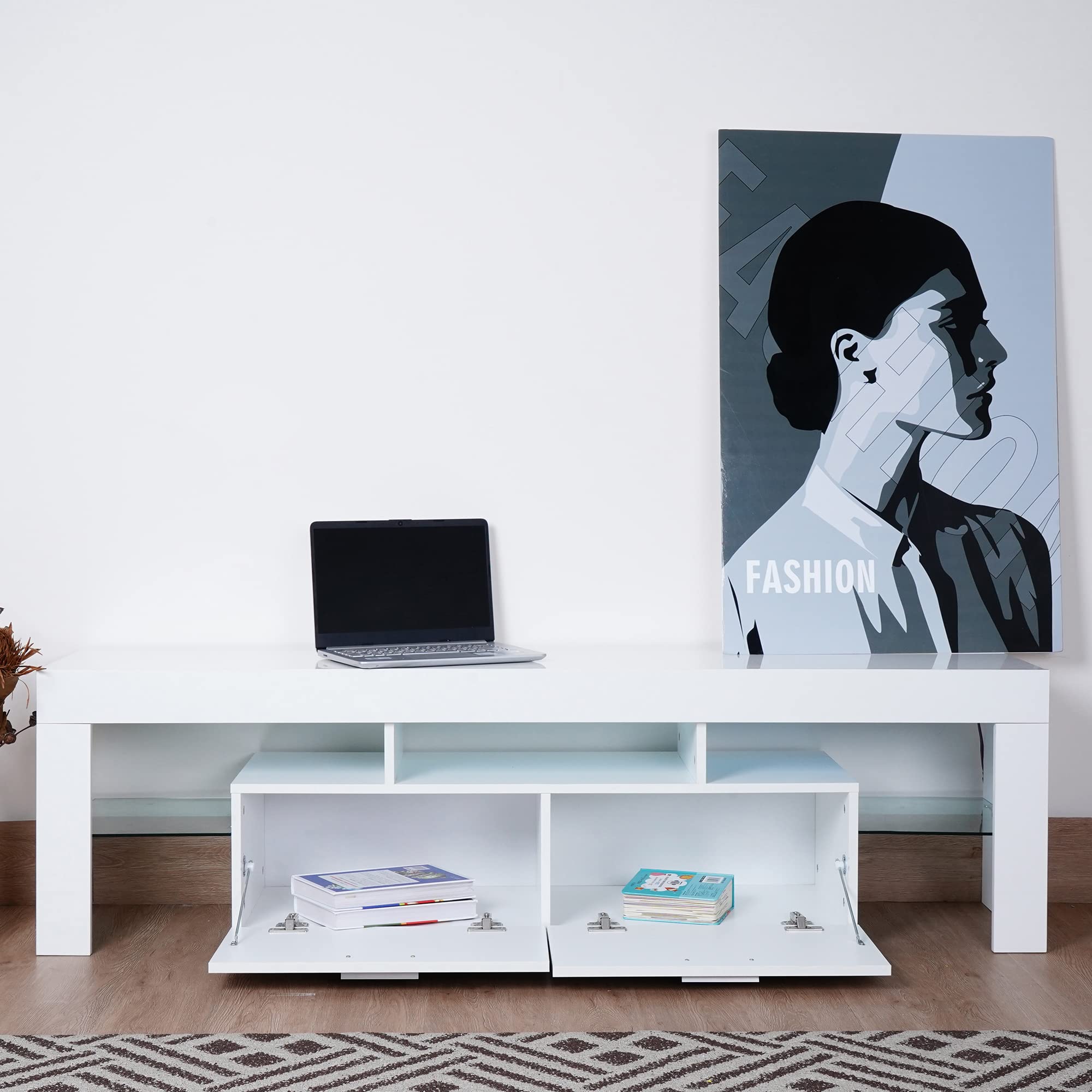 Modern LED TV Stand with High Gloss Finish - White TV Cabinet with Storage for Living Room, Bedroom & Lounge - Easy Assembly Entertainment Center for Flat Screen TVs