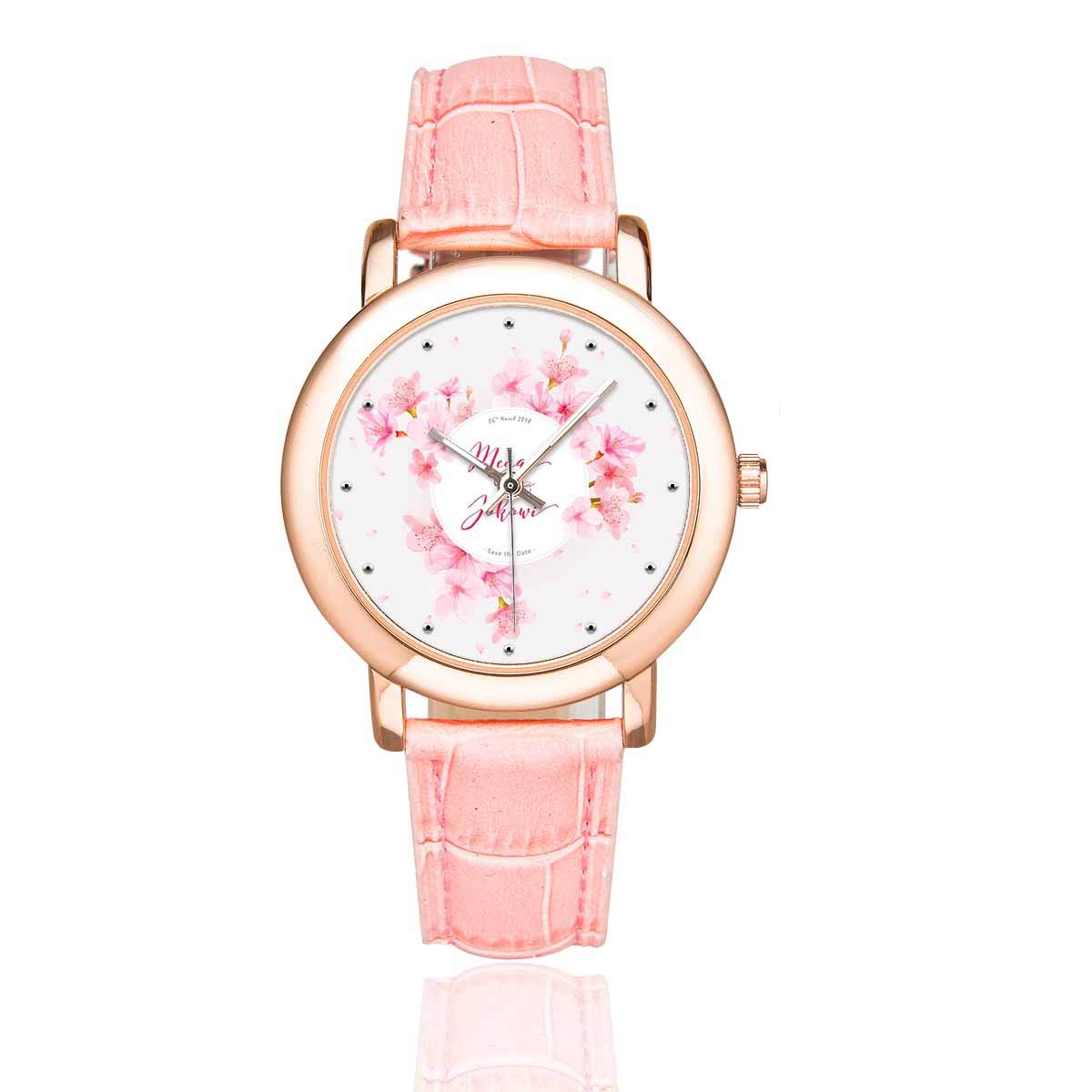 INTERESTPRINT Women's Pink Leather Strap Watch with Watercolor Floral Cherry Blossom Design - Waterproof Wristwatch for Everyday Wear, Office & Casual Outfits