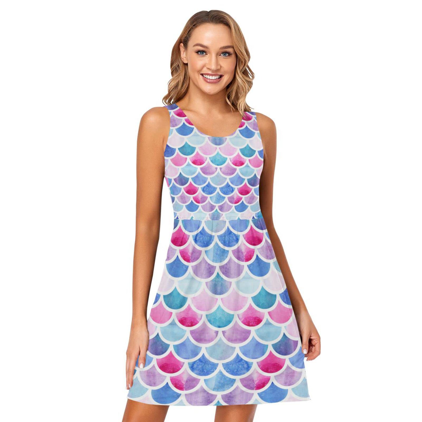 Women's Summer Sleeveless Casual Dress - Floral Print Pleated Sun Dress with Pockets | Perfect for Beach Vacation, Outdoor Picnic & Summer Party
