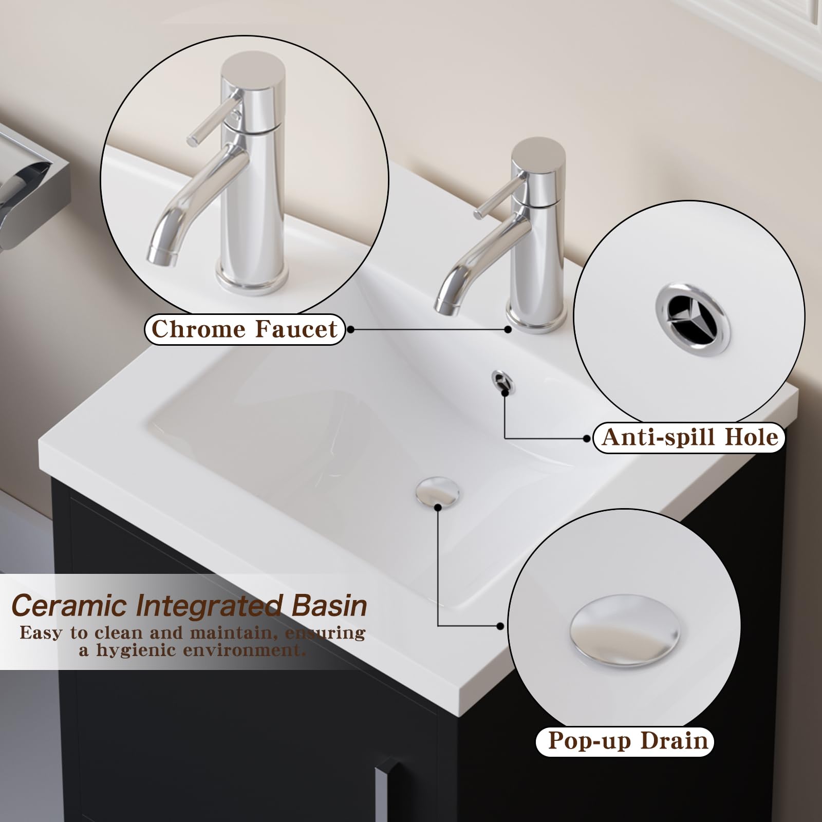 18 Inch Modern White Bathroom Vanity Set with Undermount Resin Sink - MDF Wood Cabinet & Black Countertop for Small Bathroom Remodel, Powder Room Upgrade or Master Bath Makeover
