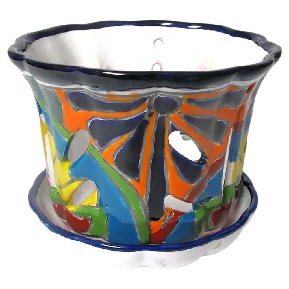 Hand-Painted Talavera Orchid Planter with Saucer - Colorful Glazed Ceramic Flower Pot for Indoor & Outdoor Use - Mexican Style Home Decor, Garden, Patio, Balcony Decorations