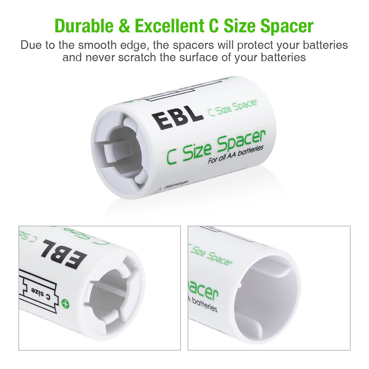 EBL AA to C Size Battery Adapters - 4 Pack Battery Spacer Converter Case for Rechargeable AA Batteries | Perfect for Flashlights, Toys & Electronic Devices