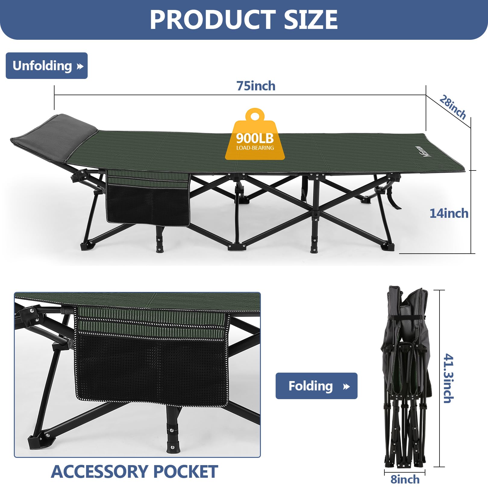 Nictemaw Folding Camping Cot for Adults - Heavy Duty 900LBS Capacity, Portable Sleeping Cot with Carry Bag, Double Layer Oxford Fabric - Perfect for Outdoor Camping, Beach, Travel, Home & Office Use - Green Stripes