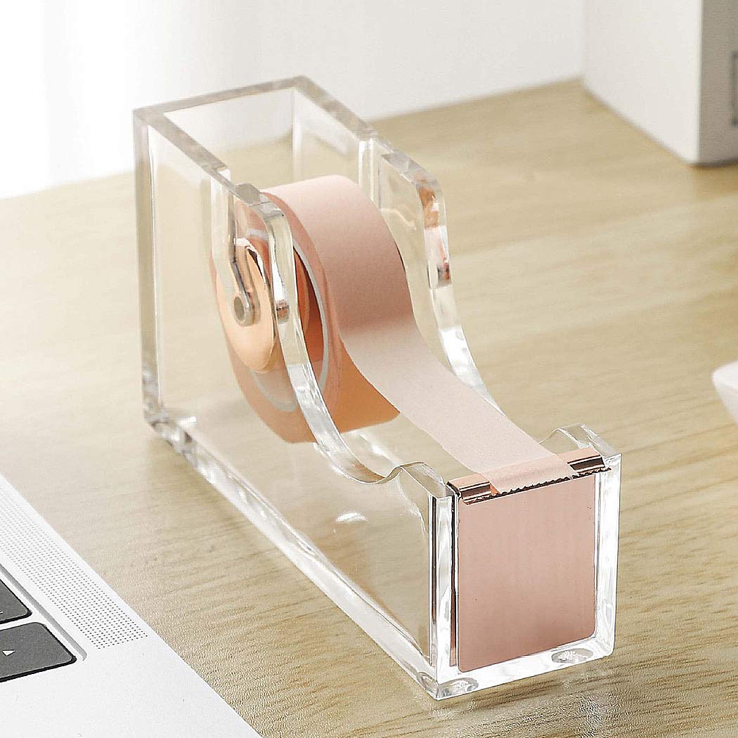 Clear Acrylic Tape Dispenser - Single Hand Tape Dispenser with Rose Gold Finish for Office & Home Use | Modern Desktop Tape Holder for Crafts, Packaging & Organization
