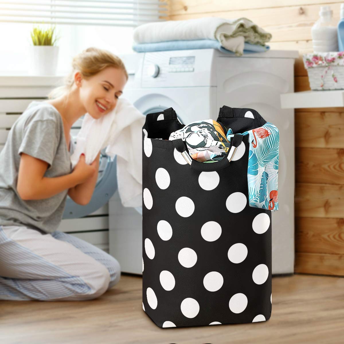 Polka Dot Foldable Laundry Hamper Basket with Handles - Large Storage for Clothes, Toys & Laundry - Perfect for Laundry Room, Bathroom, Bedroom & Dorm Organization | Space-Saving Home & College Essential