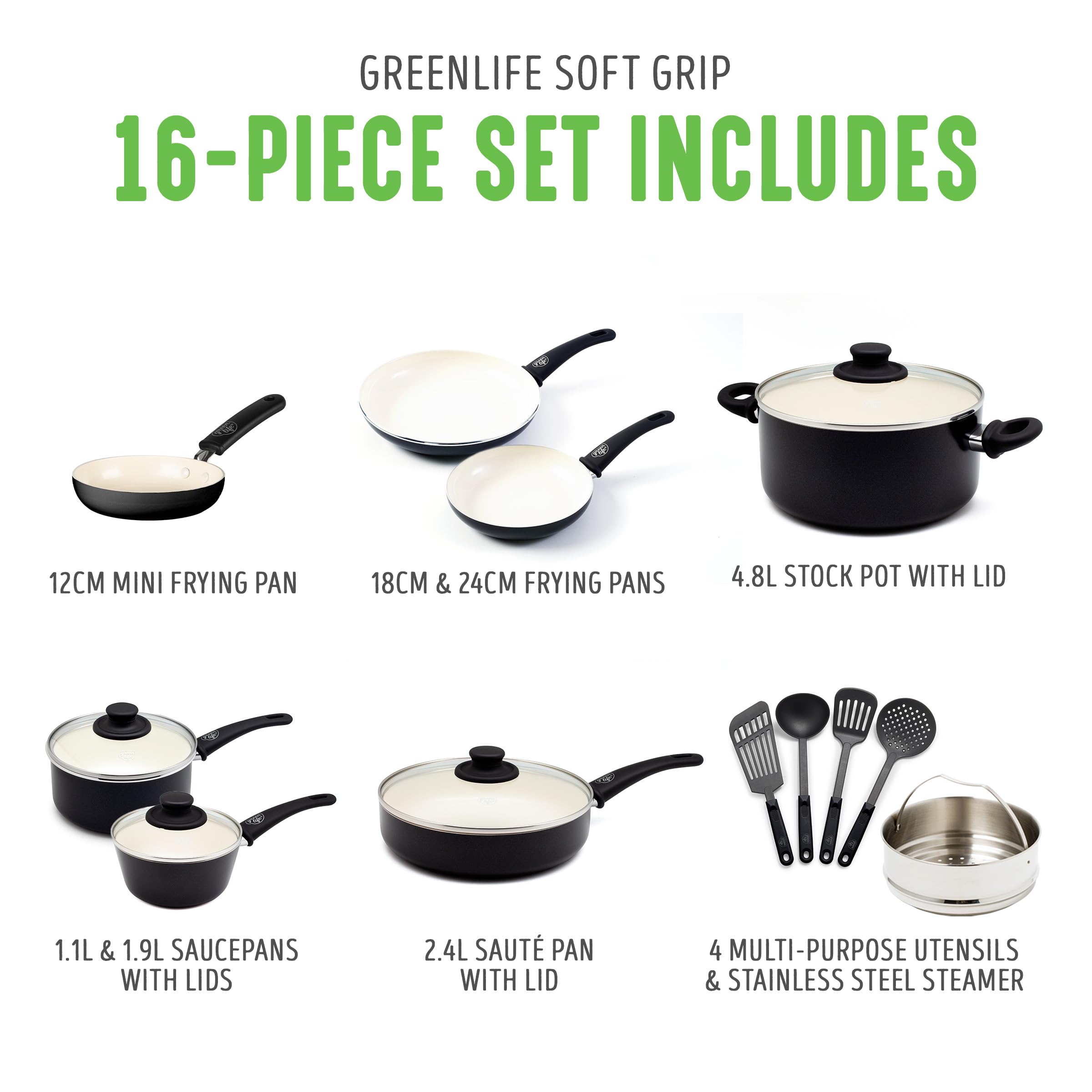 GreenLife Soft Grip 16-Piece Non-Toxic Ceramic Nonstick Cookware Set - PFAS-Free, Oven & Dishwasher Safe Pots and Pans with Glass Lids & Stay-Cool Handles - Perfect for Frying, Sauteing, and Cooking Sauces - Ideal for Home Chefs and Healthy Meal Prep