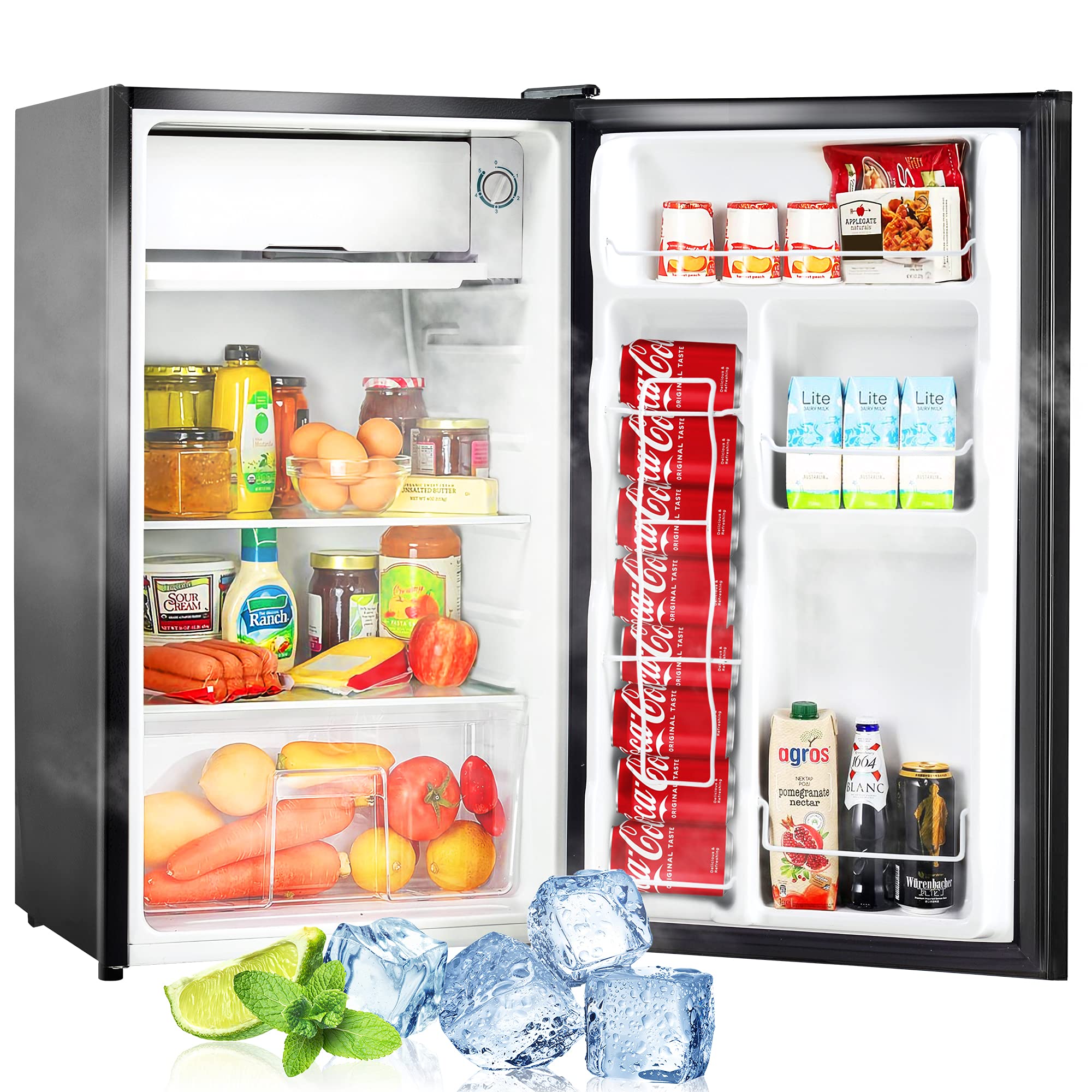 3.2 Cu.ft Compact Refrigerator with Freezer - Reversible Door Mini Fridge with 5 Temperature Settings - Perfect for Kitchen, Bedroom, Dorm, Apartment, Bar, Office & RV - Ideal for Small Spaces, Beverage Storage & Food Preservation
