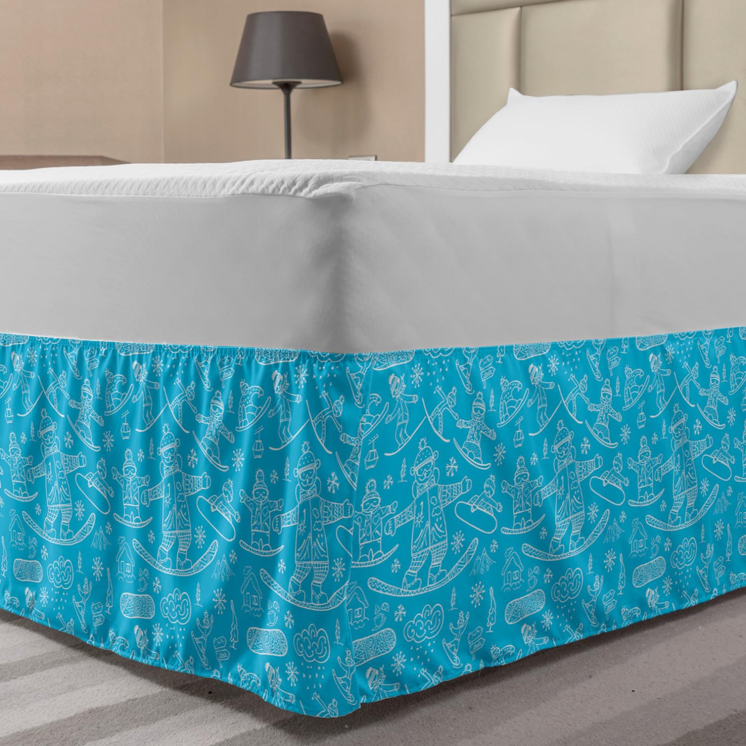 Ambesonne Ski Pattern Bed Skirt - Snowboarder & Snowflakes Design on Blue Backdrop, Wrap Around Elastic Gathered Bedroom Decor for Full Size Beds (Sky Blue/White) - Perfect for Winter Themed Bedrooms & Cozy Cabin Retreats