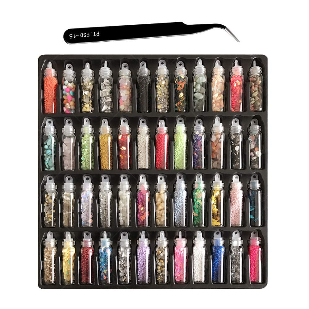 BELICIA 48-Pack Mixed Color Nail Art Rhinestones & Gems Kit with Tweezers - 3D Nail Decorations for Women & Girls - DIY Manicure Supplies for Salon, Home, Party & Wedding Nail Art Designs