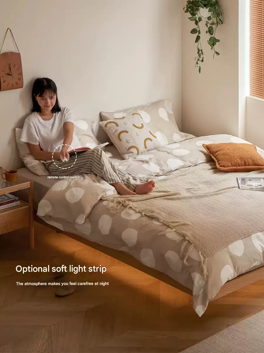 Solid Oak Wood Platform Bed - Headboard Free Modern Design with Night Light - Perfect for Bedroom, Guest Room & Small Spaces