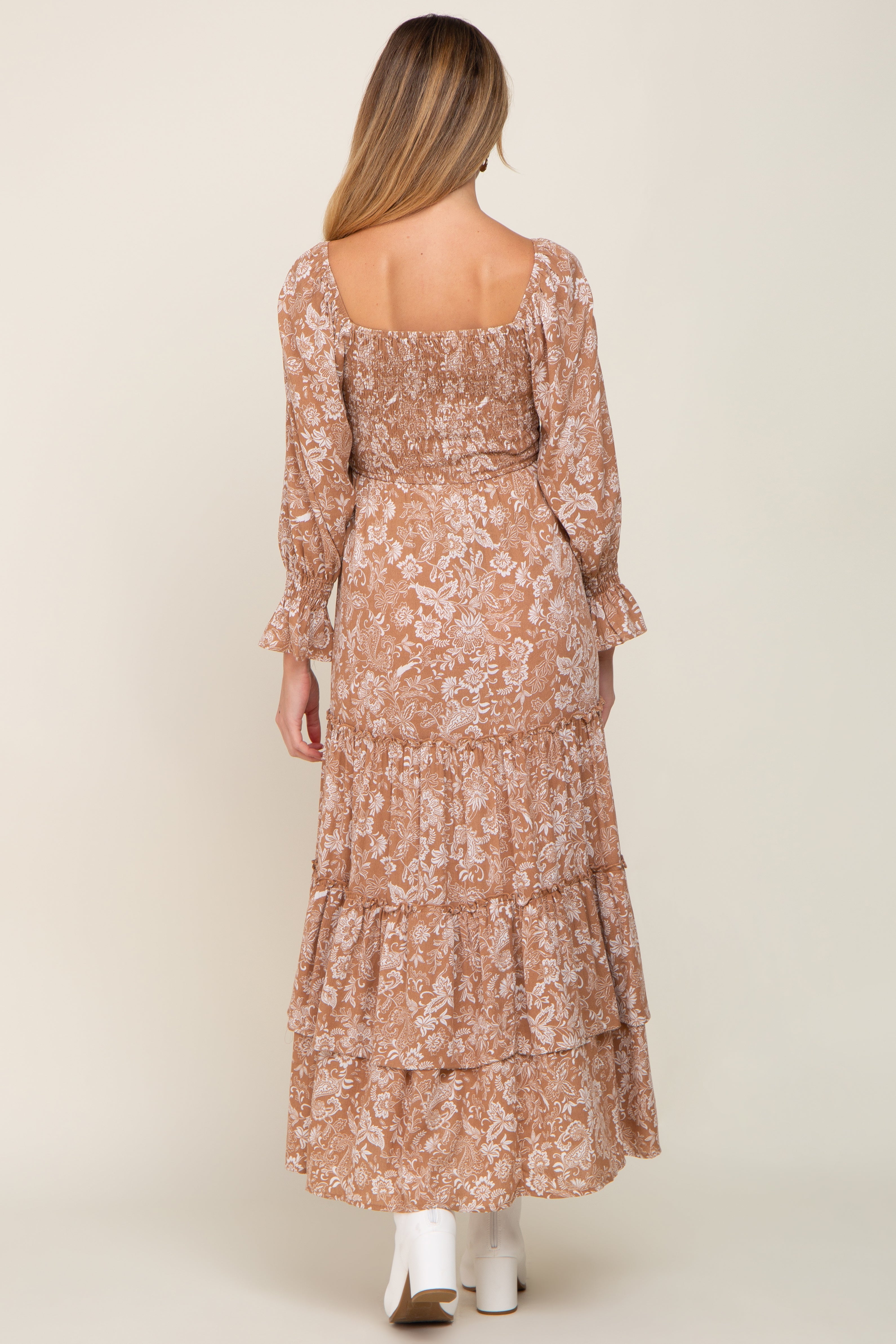 Beige Floral Cutout Smocked Tiered Maternity Maxi Dress for Pregnancy Photos, Baby Showers & Summer Vacations - Comfortable Nursing Dress for Expecting Mothers