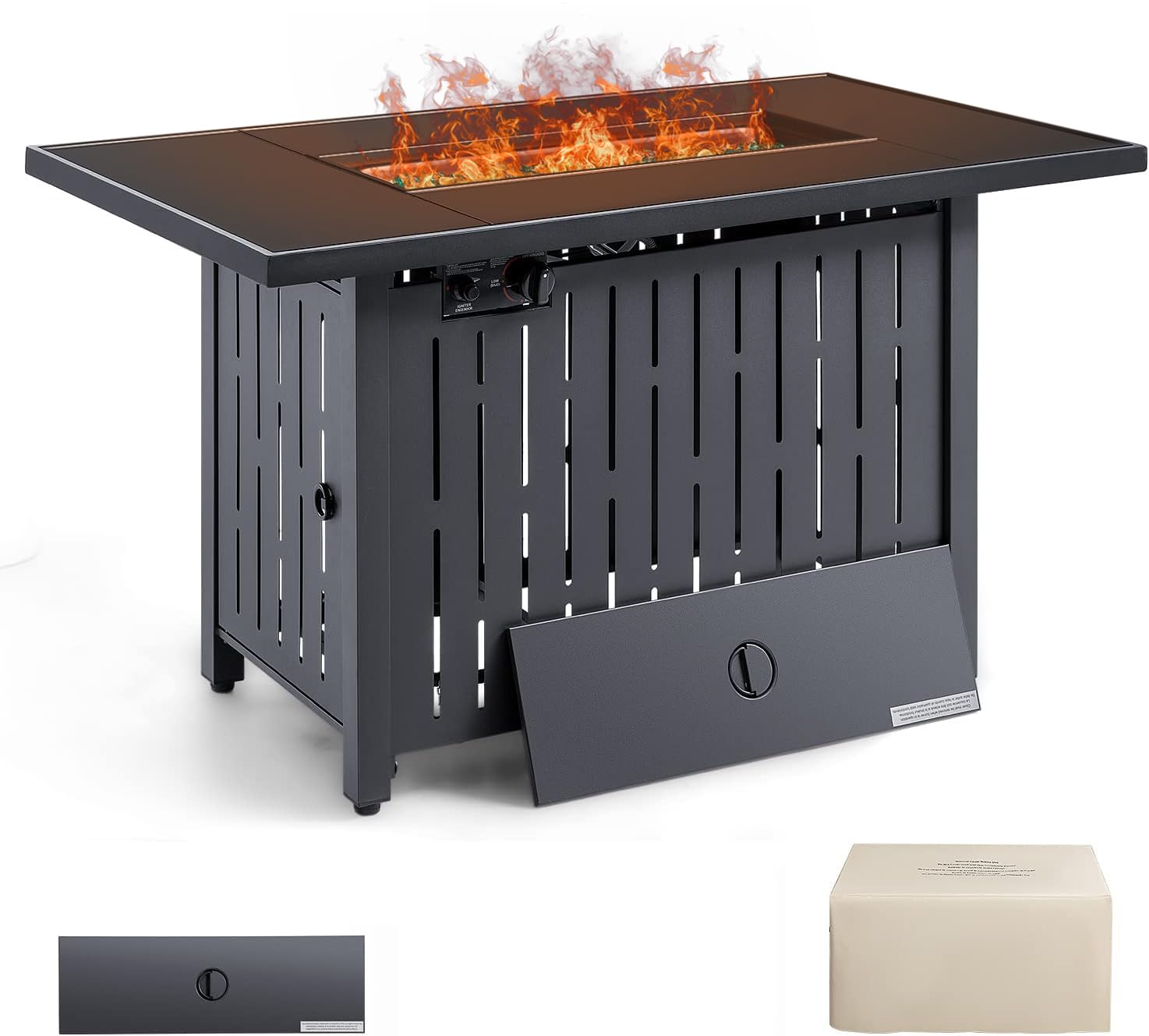 Devoko 43 Inch Black Outdoor Propane Fire Pit Table - 50,000 BTU Auto Ignition Patio Heater with Tempered Glass Top & Lava Rocks - Perfect for Backyard, Deck, Garden & Camping Gatherings