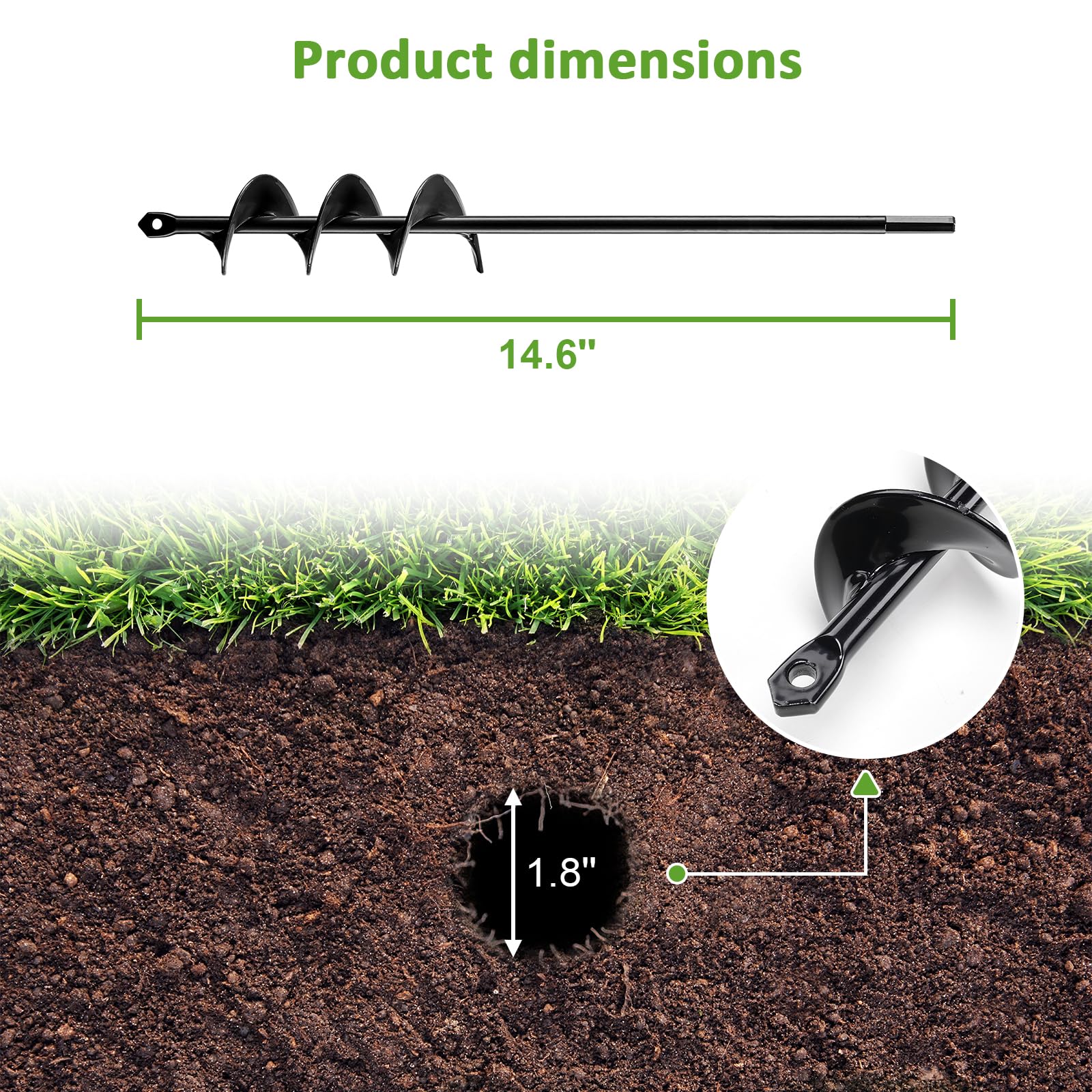 **1.8 x 14.6 Inch Garden Auger Drill Bit for Planting - Hex Drive Bulb & Flower Planter Tool - Post Hole Digger for Quick Planting (Black) - Perfect for Garden Beds, Pots & Landscaping**