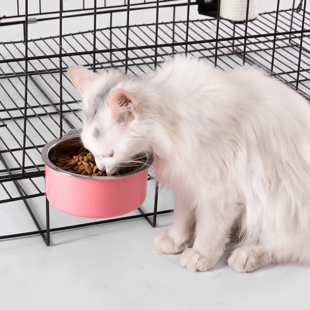 Stainless Steel Hanging Dog Bowl with Removable Hook - Durable Pet Food & Water Dish for Crate, Cage, or Coop - Perfect for Travel, Camping, and Home Use (Pink)