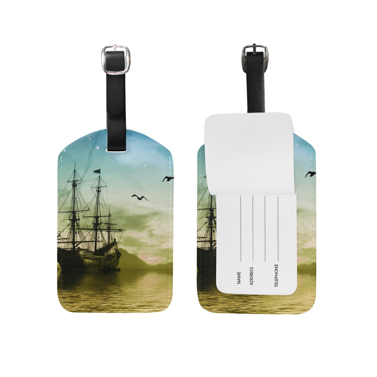 Premium Leather Luggage Tag with Nature Landscape Sailboat Design - Durable Suitcase ID Tag for Travel Bags - Perfect for Airports, Cruise Ships & Vacation Identification