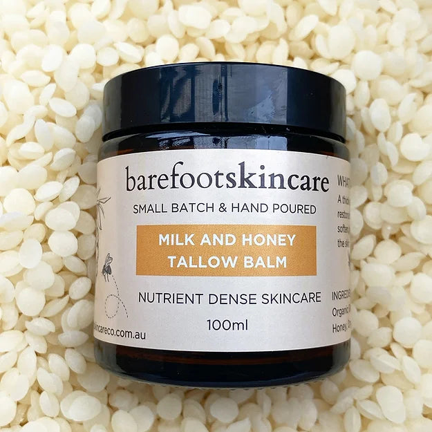 Barefoot Skincare Milk & Honey Tallow Balm - Organic Moisturizing Skin Care for Dry Hands, Face & Body - Perfect for Winter Hydration & Sensitive Skin Relief