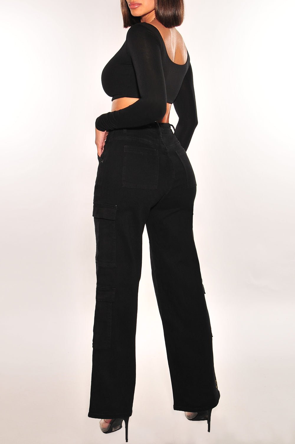 Black High Waist Cargo Wide Leg Jeans for Women - Stretch Comfort Fit Pants with Pockets | Casual Streetwear, Workwear & Outdoor Activities
