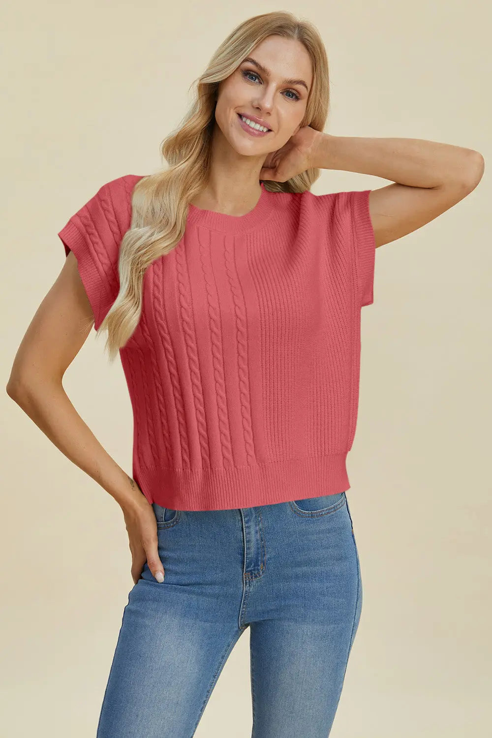 Double Take Full Size Cable Knit Round Neck Short Sleeve Sweater for Women - Cozy Casual Pullover Top for Fall & Winter - Perfect for Office, Date Night and Weekend Outings