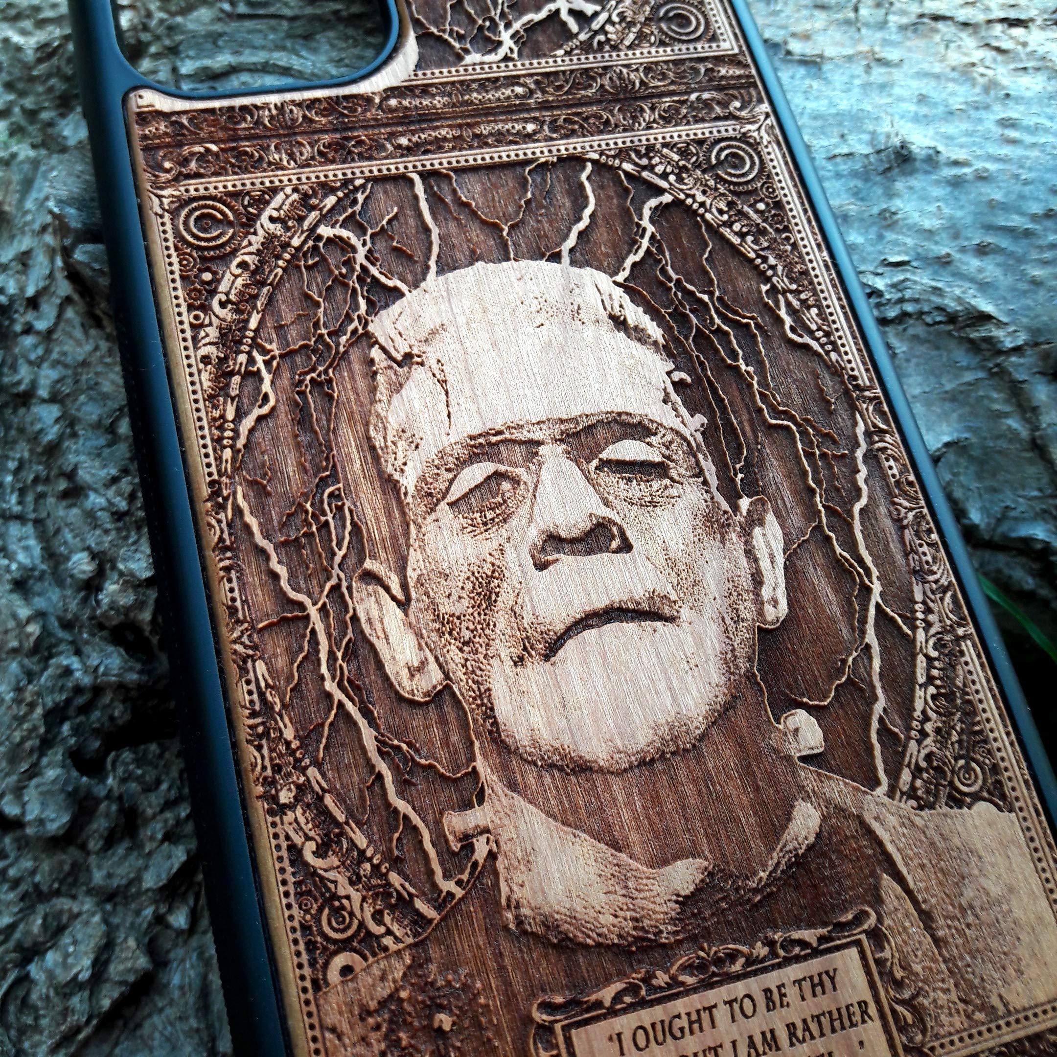 Frankenstein Laser Engraved Wood Phone Case - Compatible with iPhone 16/15/14/13/12/11 Pro Max/Mini & Galaxy S25/S24/S23/S22/S21/S20 Ultra Plus - Eco-Friendly Slim Durable Wooden Cover - Perfect for Halloween, Gothic Style & Nature Lovers