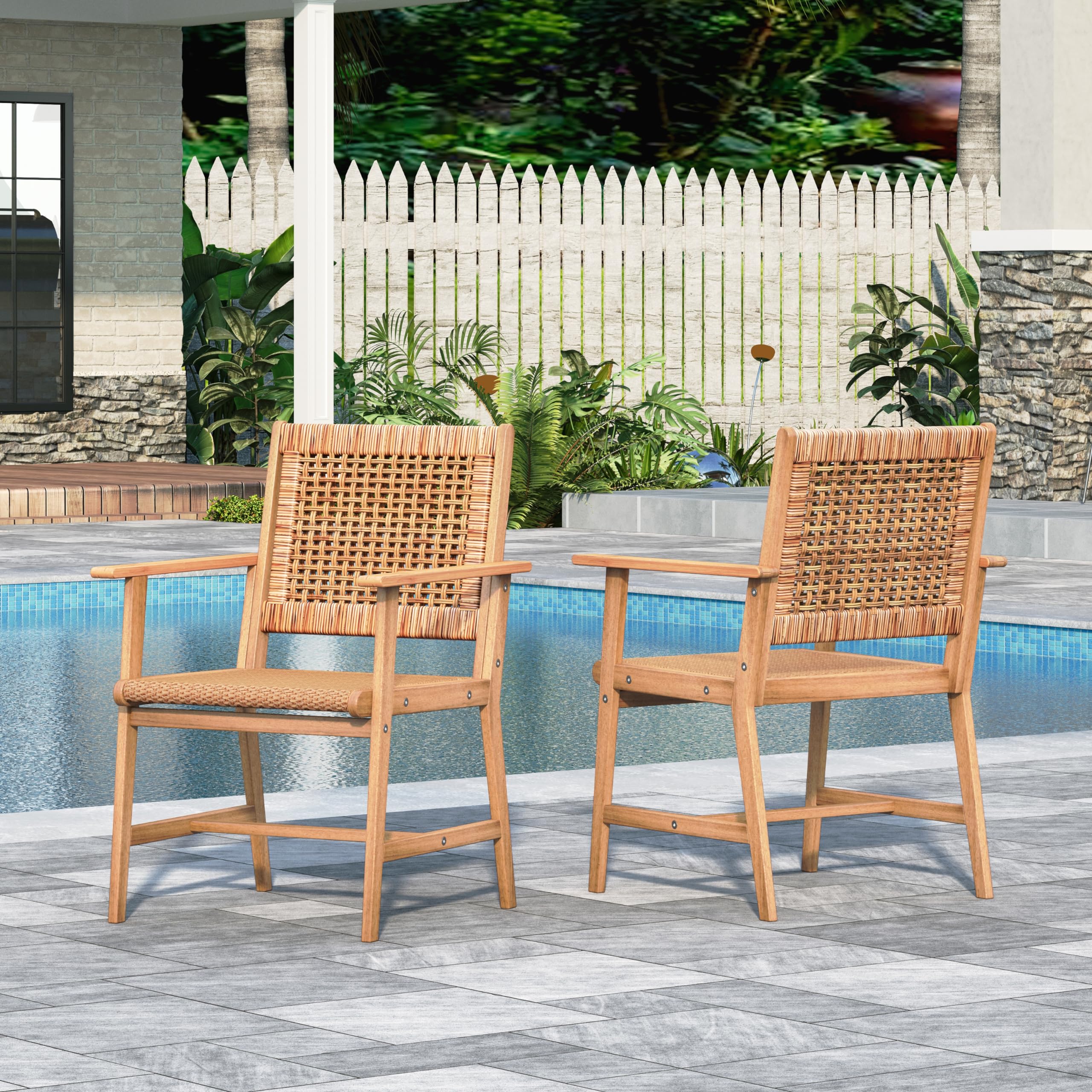 Sophia & William 2-Piece Outdoor Patio Dining Chairs Set - Handwoven Rattan Armchairs with Acacia Wood Frame for Porch, Backyard, Garden & Balcony - Perfect for Al Fresco Dining, Lounging & Outdoor Entertaining