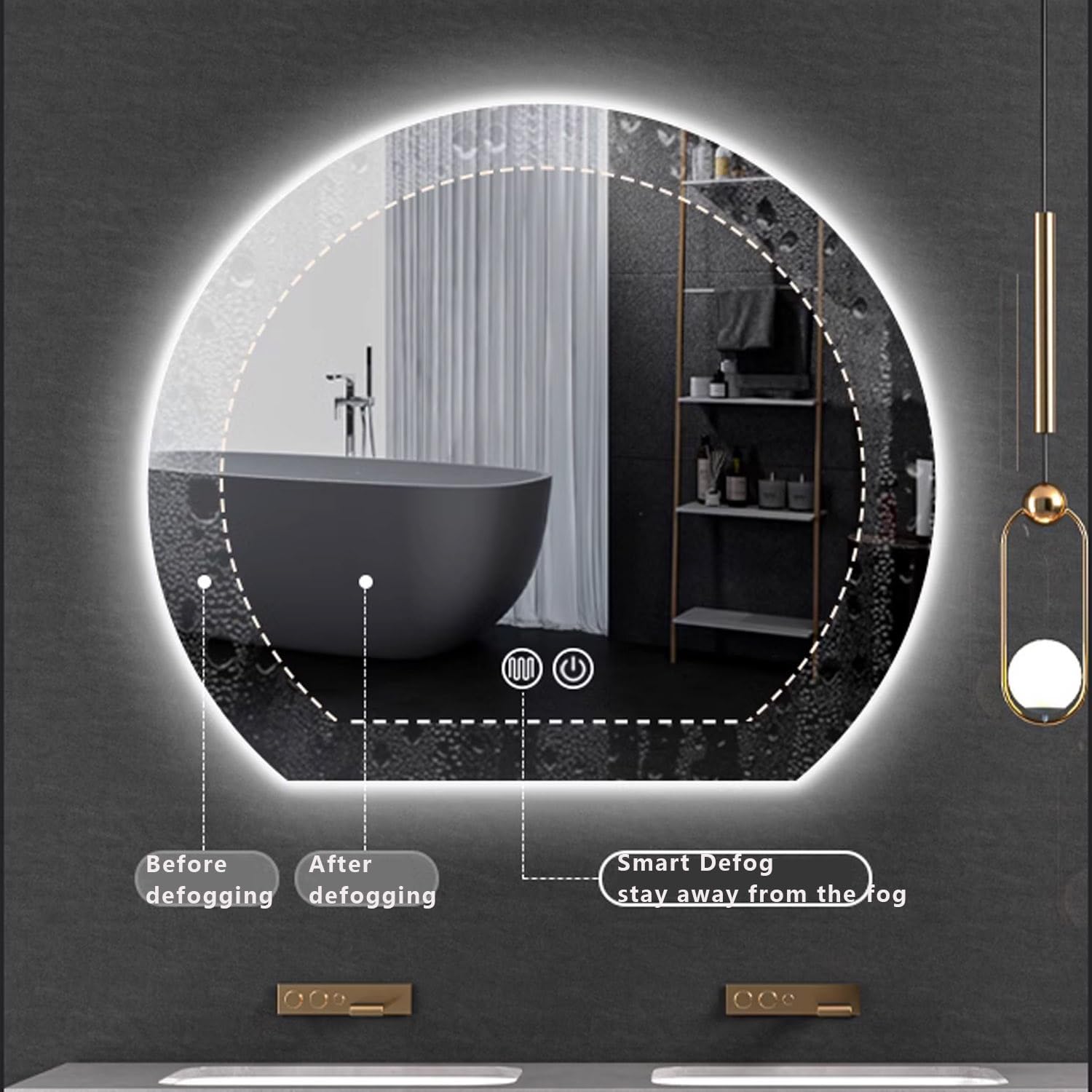 40 Inch LED Bathroom Mirror with Anti-Fog & Dimmable Lights - Half Moon Backlit Vanity Mirror, Shatter-Proof Wall-Mounted Makeup Mirror (Cut Left) - Perfect for Modern Bathrooms, Dressing Rooms & Makeup Stations
