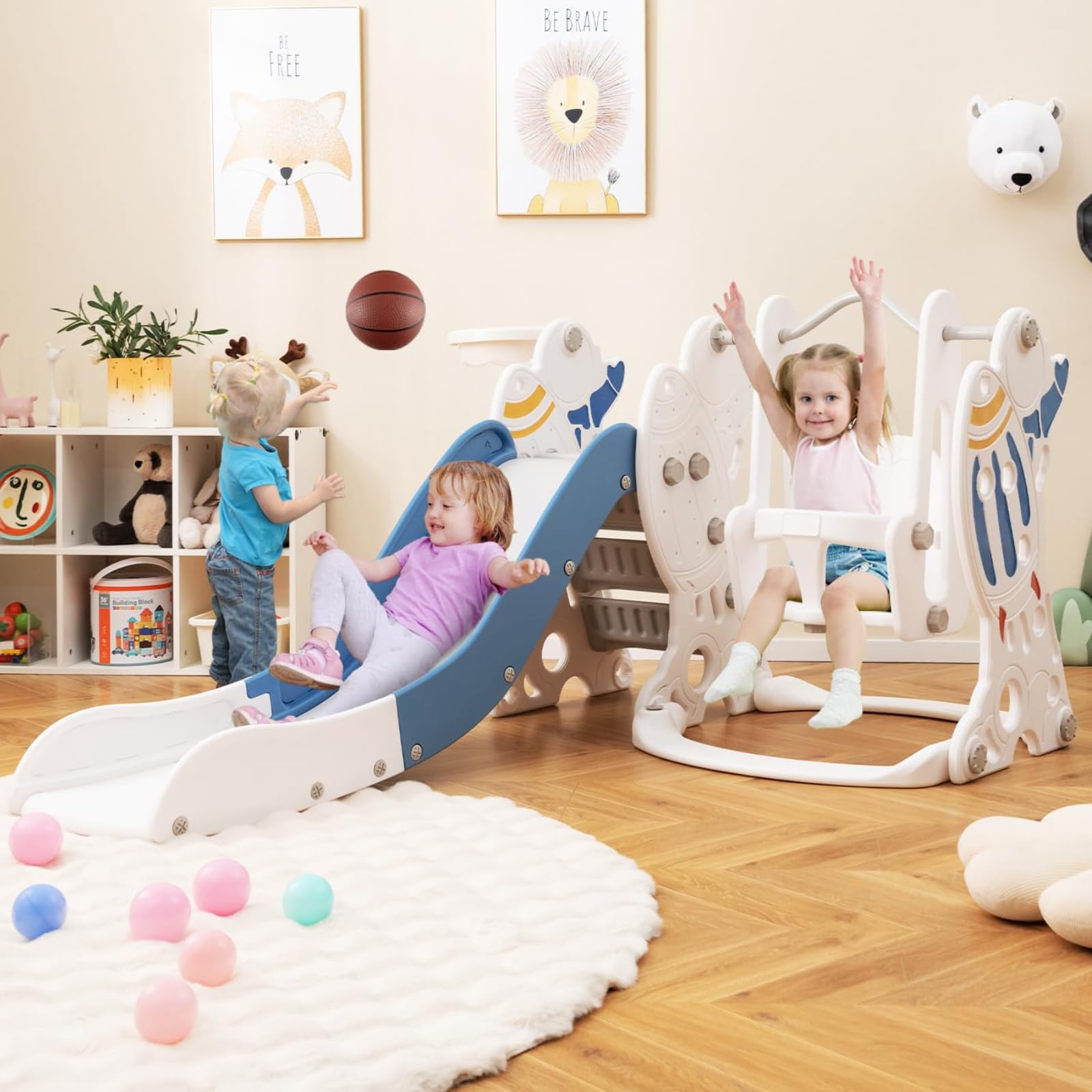 Costzon 4-in-1 Toddler Slide & Swing Set - Indoor/Outdoor Rocket Playground with Slide, Swing, Climber & Basketball Hoop for Kids Ages 1+ | Perfect for Backyard, Playroom & Birthday Gifts for Boys & Girls