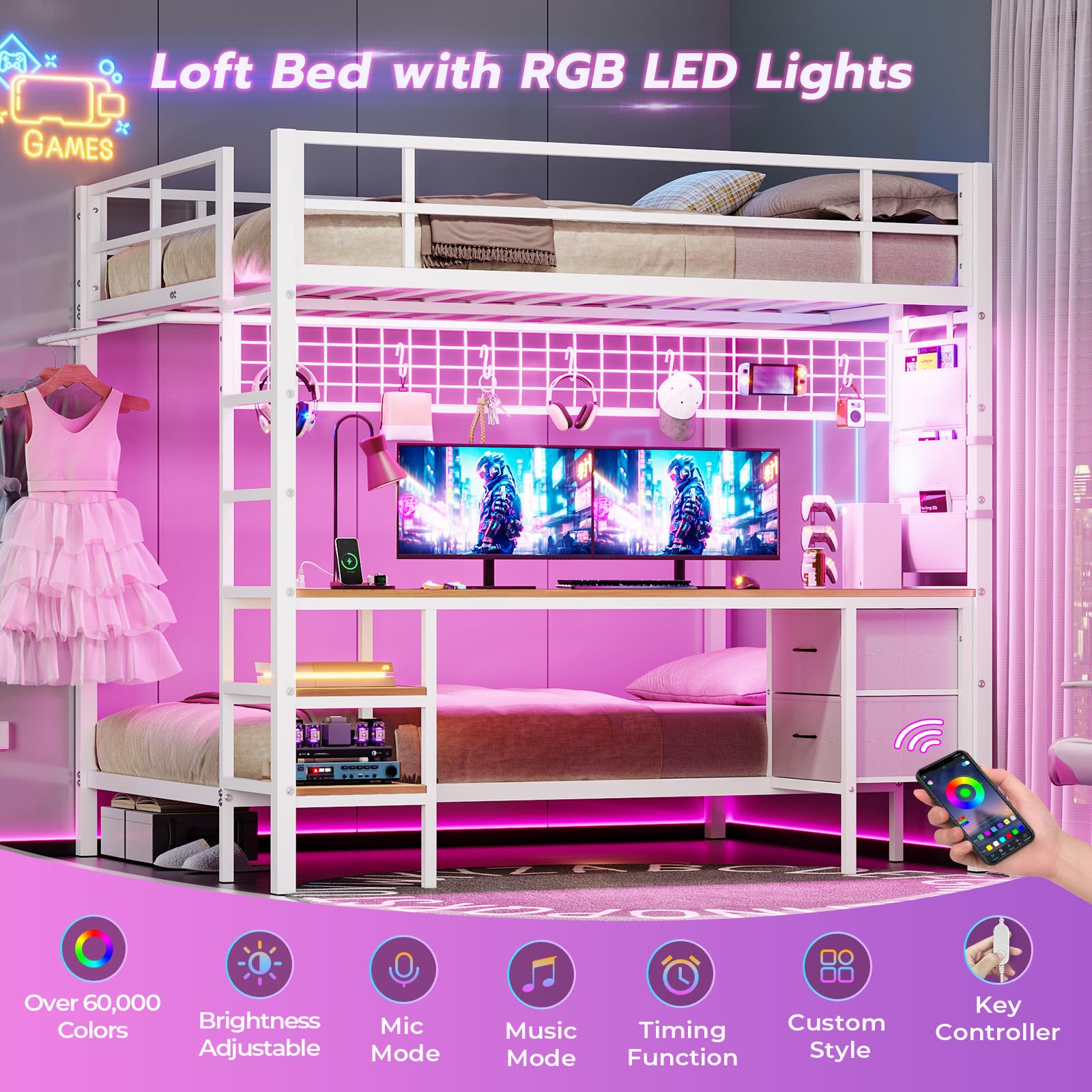 **Full Over Twin Bunk Bed with Desk & LED Lights - Metal Loft Bed Frame with Charging Station, Storage Shelves, Drawers - Safe for Teens & Adults - No Box Spring Needed - White - Perfect for Small Rooms, Dorms & Apartments**